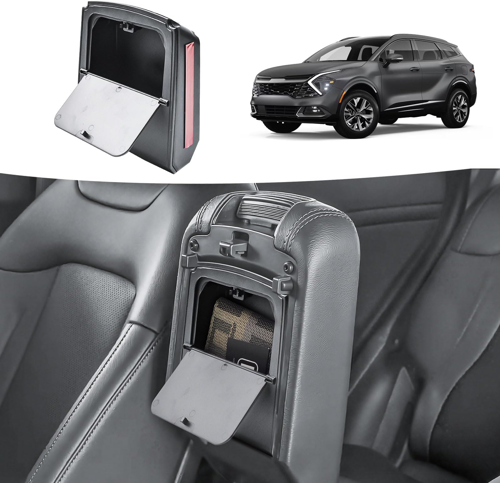 Hidden Center Console Organizer Compatible with 2023-2026 Kia Sportage Interior Accessories - Lid of Armrest Storage Box NQ5 Secret Compartment Insert Tray, Black