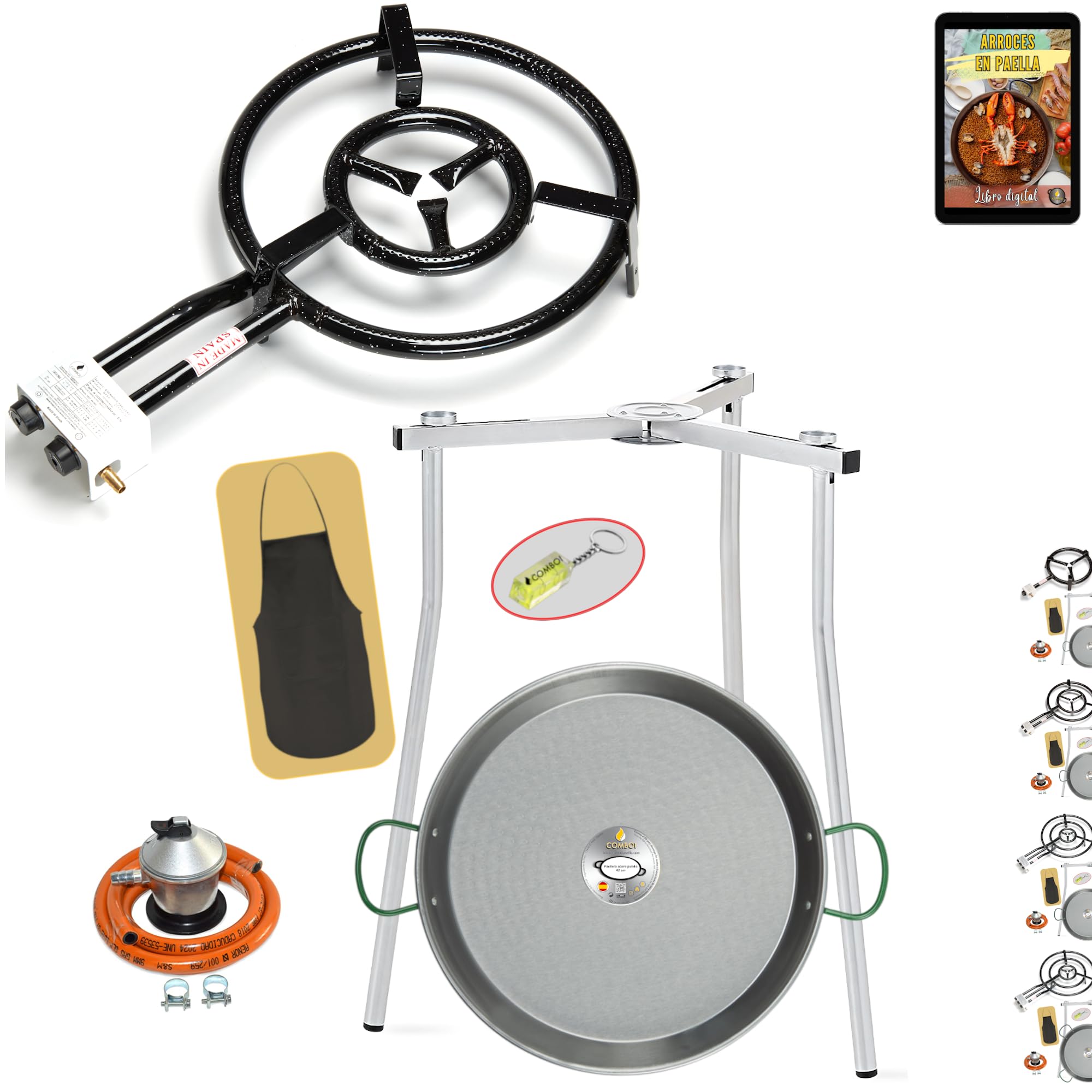 COMBOI Paellero Gas Butano 40 CM, Paellera 46 CM, Kit Quemador, Regulador de gas, Manguera, Patas Trípode, Nivel, delantal, Libro de Recetas digital (KIT 400 + Patas Trípode)