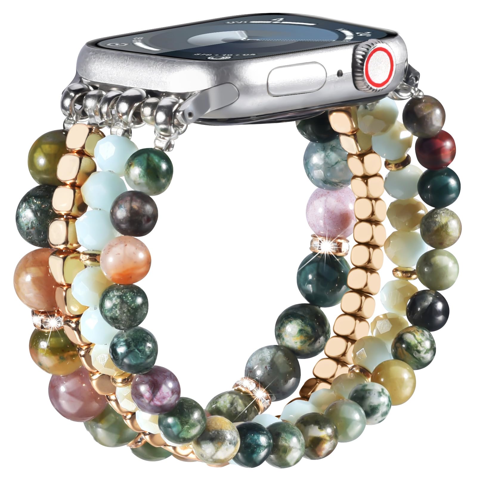 CAGOS Natural Stone Beaded Bracelet Compatible with Apple Watch Band 38mm/40mm/41mm/42mm/44mm/45mm Women Series 9 8 7 SE Series 6 5 4 Fashion Dressy Stretchy Handmade Beads Strap for iPhone iWatch Bands Series 3/2/1 (Aquatic Agate, 42/44/45mm-M/L(6.0"-6.9"))