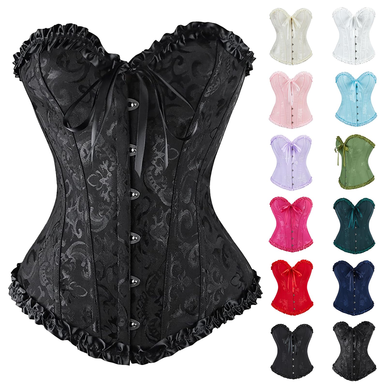 Corsetto sottoseno da donna con lacci e bottoni Pirata in vita nera modellante bustier top per feste di nozze, Nero , S