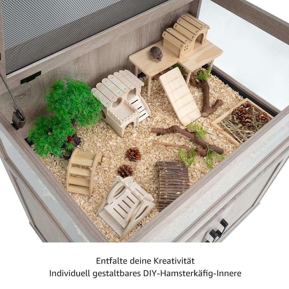 unipaws Kleintierkäfig mit Aufbewahrungsschrank, transparenter Hamsterkäfig mit PVC, Meerschweinchen Käfig mit herausnehmbarer Schale, Gehege für Ratten und Kleintiere, Grau | Kleintierkäfig transparent PVC Sichtgehege transparent