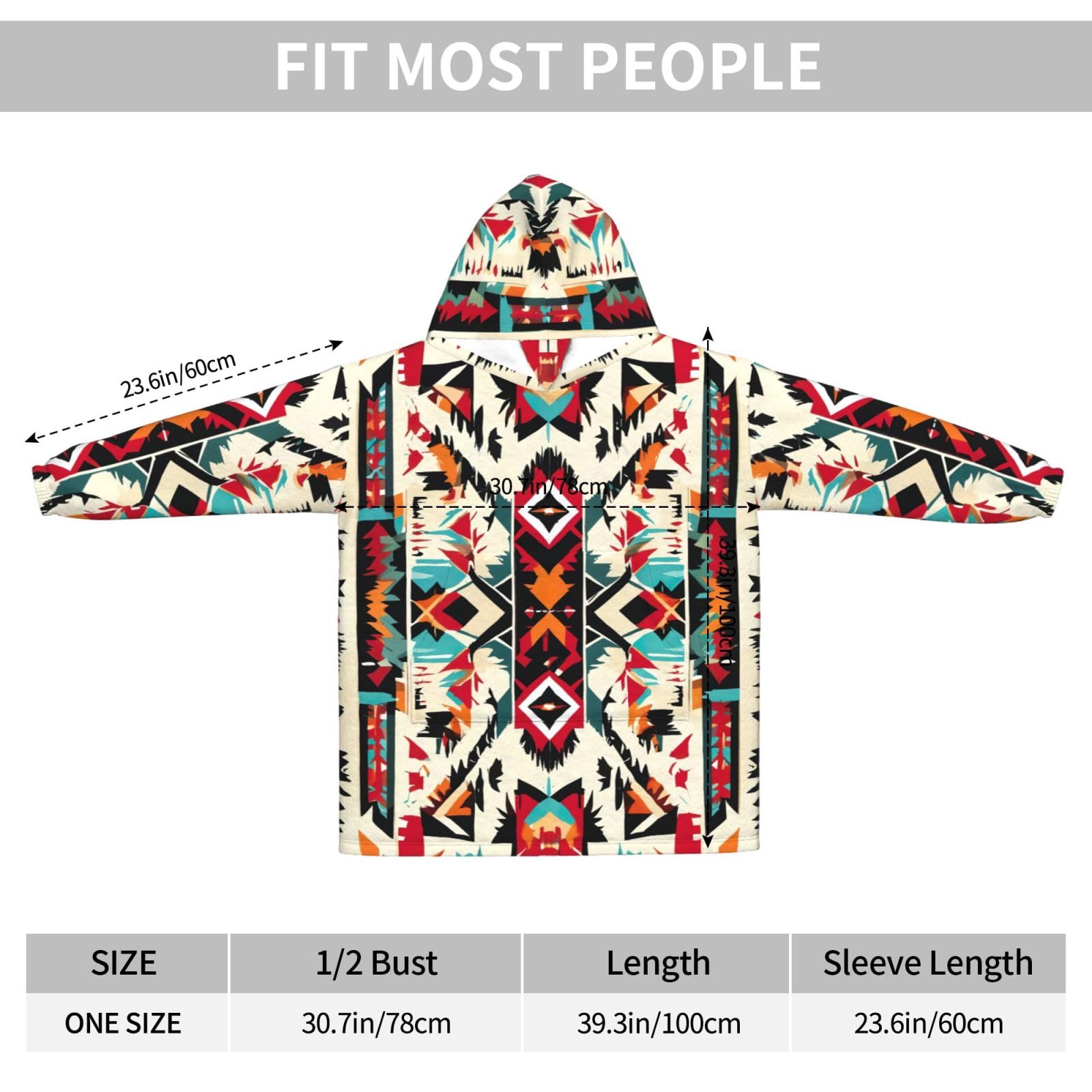 Native American wzór nadruk ciepły i przytulny koc do noszenia, gruby flanelowy koc z kapturem z rękawami i ogromną kieszenią