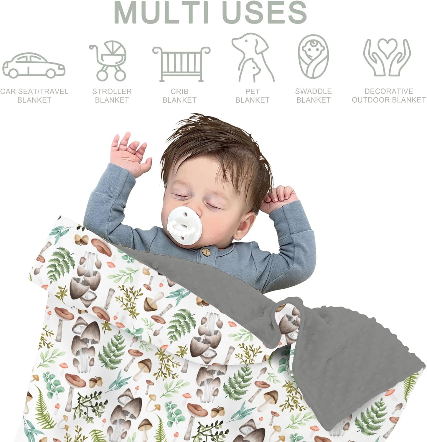 Vintage Mushroom Forest Baby Blankets for Girl Boy Retro Mushrooms Green Leaves Soft Mink Dotted Backing Double Layer Swaddle Blanket Magical Plant Bed Throws for Infant Toddler Nursery 30x40