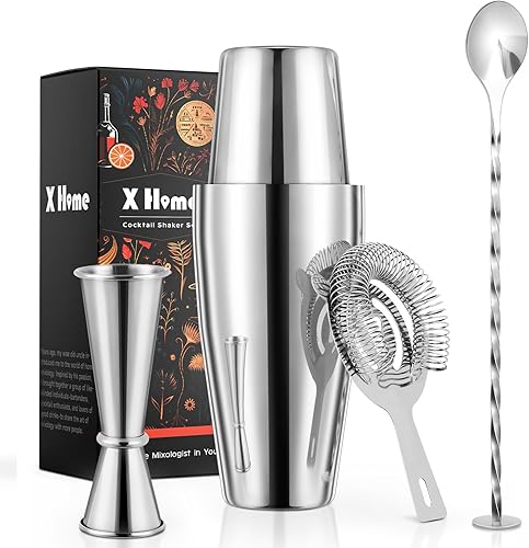 X Home Juego de coctelera, kit profesional de camarero de 4 piezas con coctelera Boston, colador Hawthorne, mezclador de cóctel de doble medición y