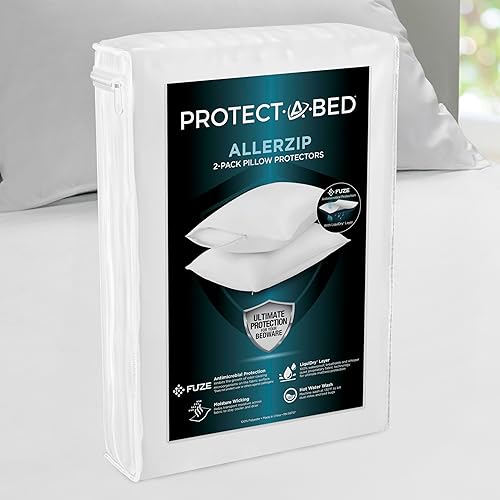 Protect-A-Bed AllerZip Protectores de Almohada Estándar de 20" x 26" (Juego de 2), A Prueba de Chinches y Ácaros del Polvo, Fundas de Almohada