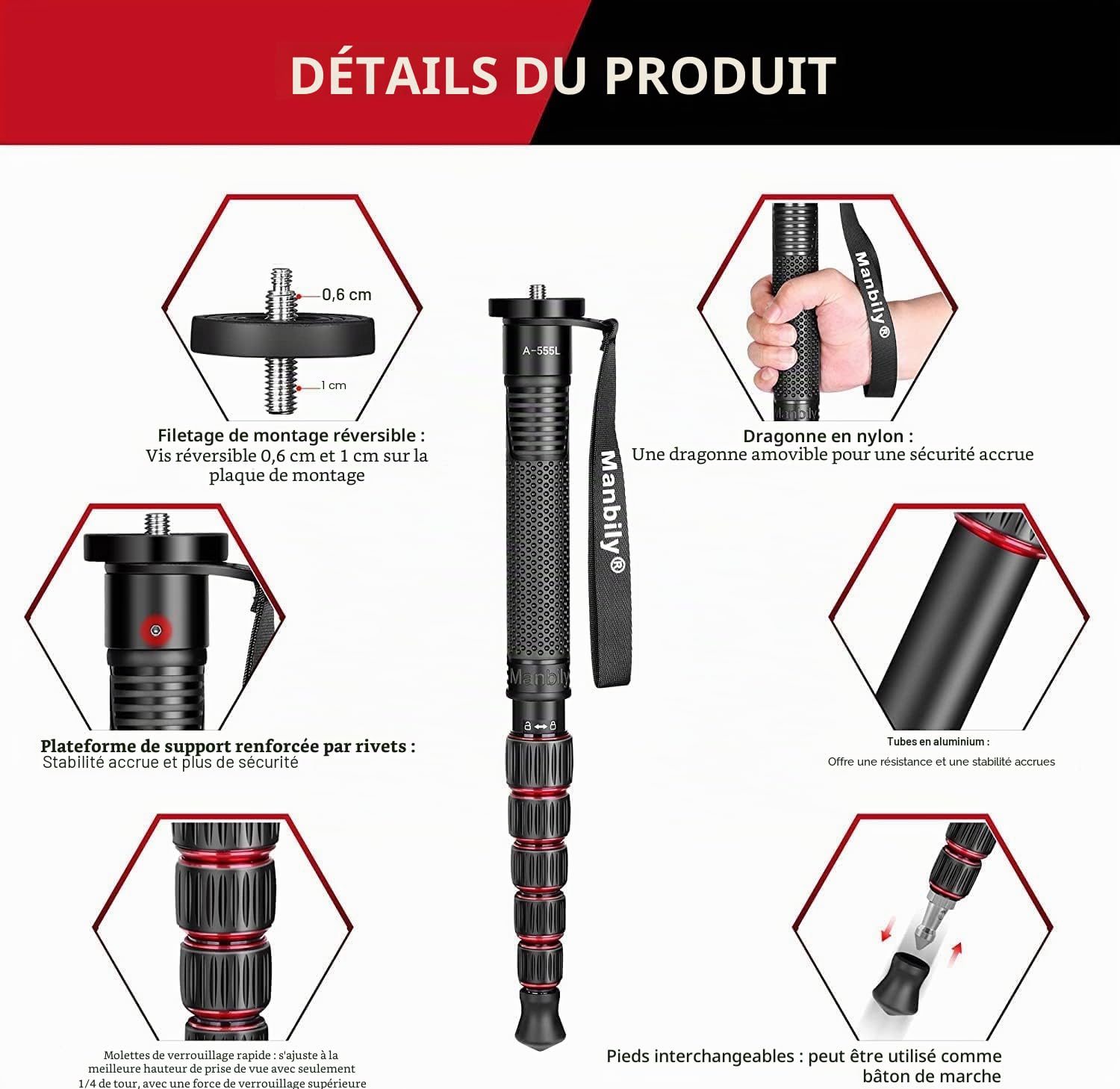 Manbily Monopode Appareil Photo 40cm-168cm Aluminium 6 Sections Sac de Transport pour DSLR Caméra Caméscope (Rouge)