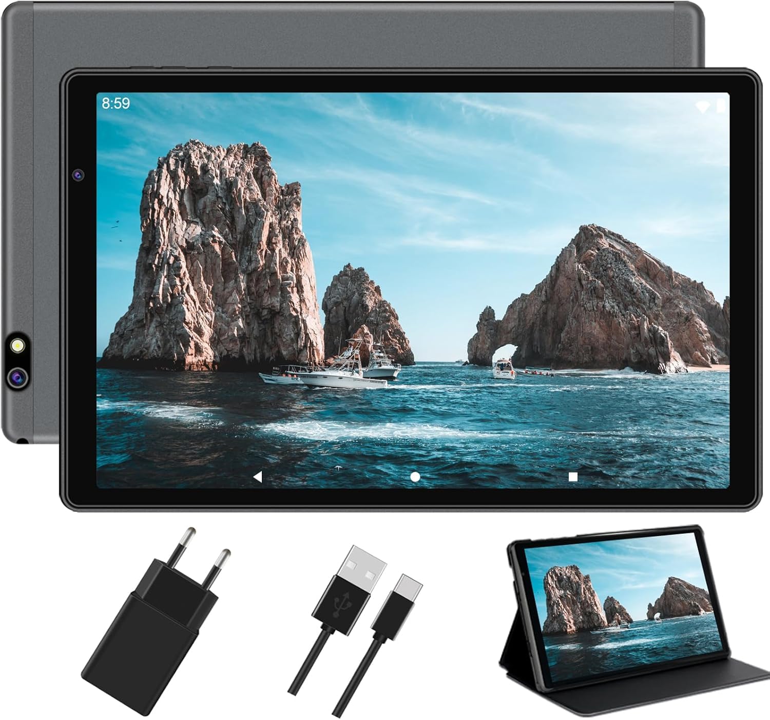 Tablette Android avec 5G Wi-Fi 6, 14 GO RAM+128 GO ROM (Extensible Jusqu'à 2 To),Tablette Tactile avec Widevine L1,Octa-Core,Double appareil photo 5MP+8MP, 6000mAh,Tablette 10 Pouces avec étui--Gris