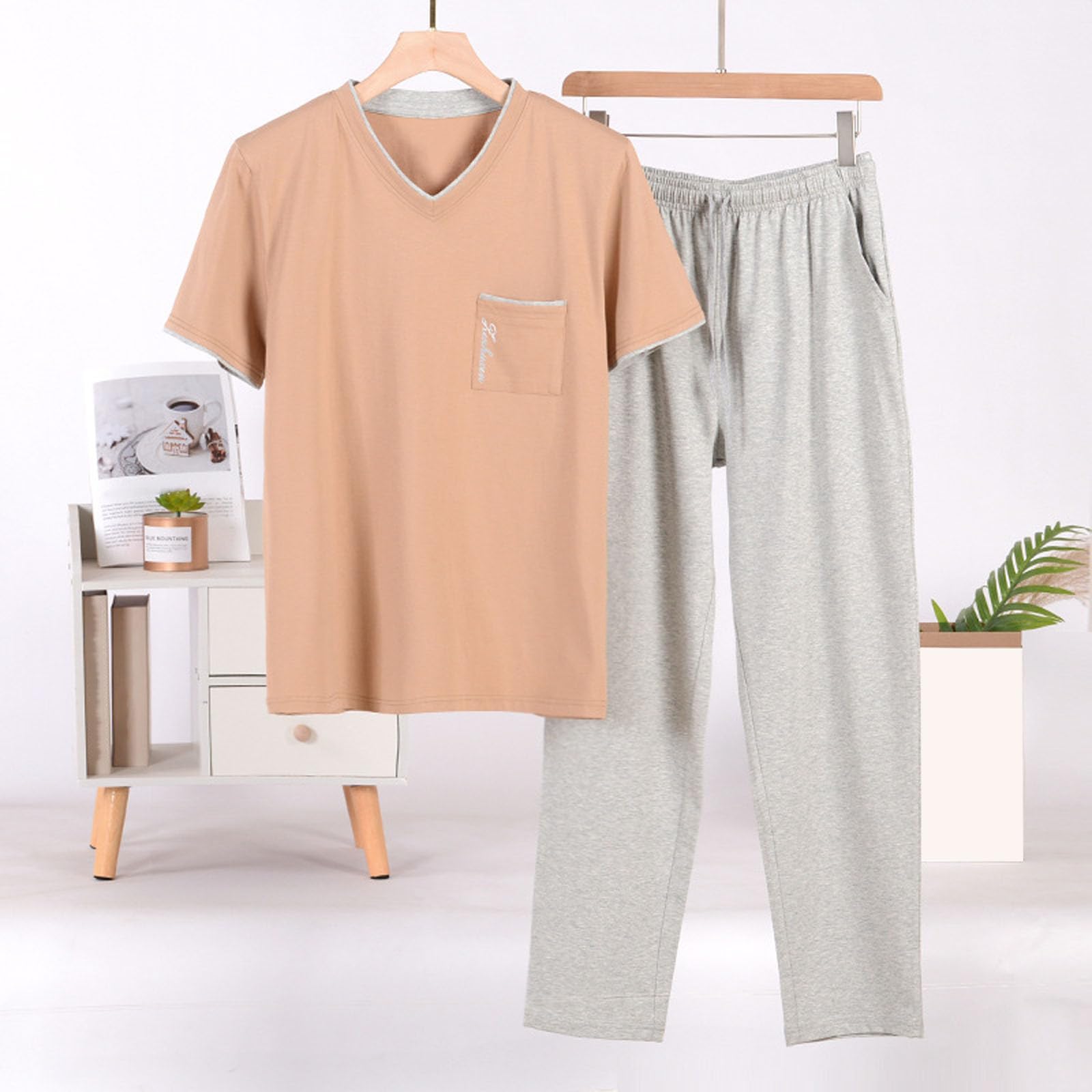 Pigiama Uomo Cotone Leggero, Completo Uomo Estivo, Pigiama da Corto Pigiama Cotone Pigiama Scollo a V Pigiama Uomo Maniche Corte Pigiami Due Pezzi da Uomo Pigiami Uomo Cotone Abbigliamento da Relax