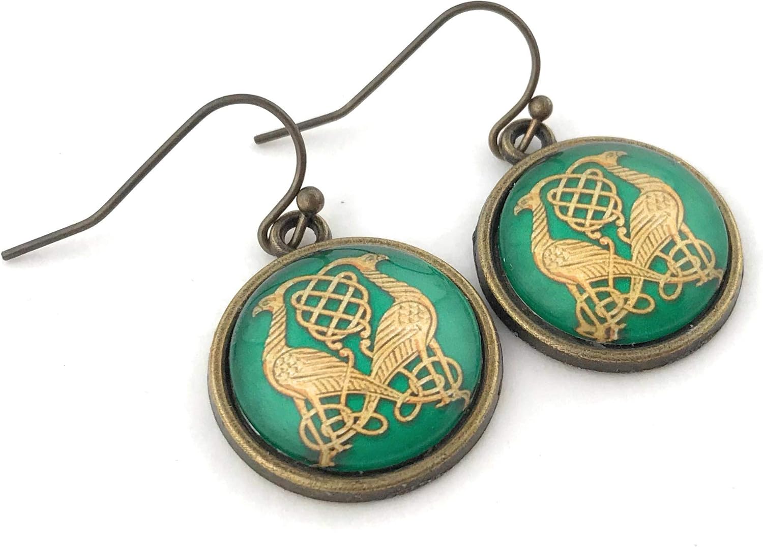 Celtic Bird Earrings - Green and Gold Celtic Knot - Brass Setting - Gift for Women