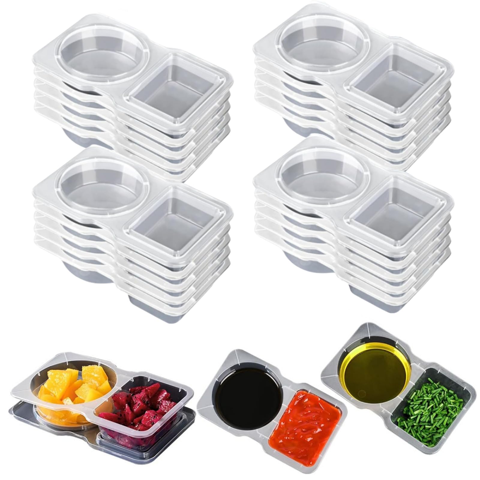 AYNKH 20PCS Reusable Snack Pack Containers with Lids, Double Compartment Snack Pot Condiment Containers Small Dip Pots 2 Compartments for Lunch, Travel