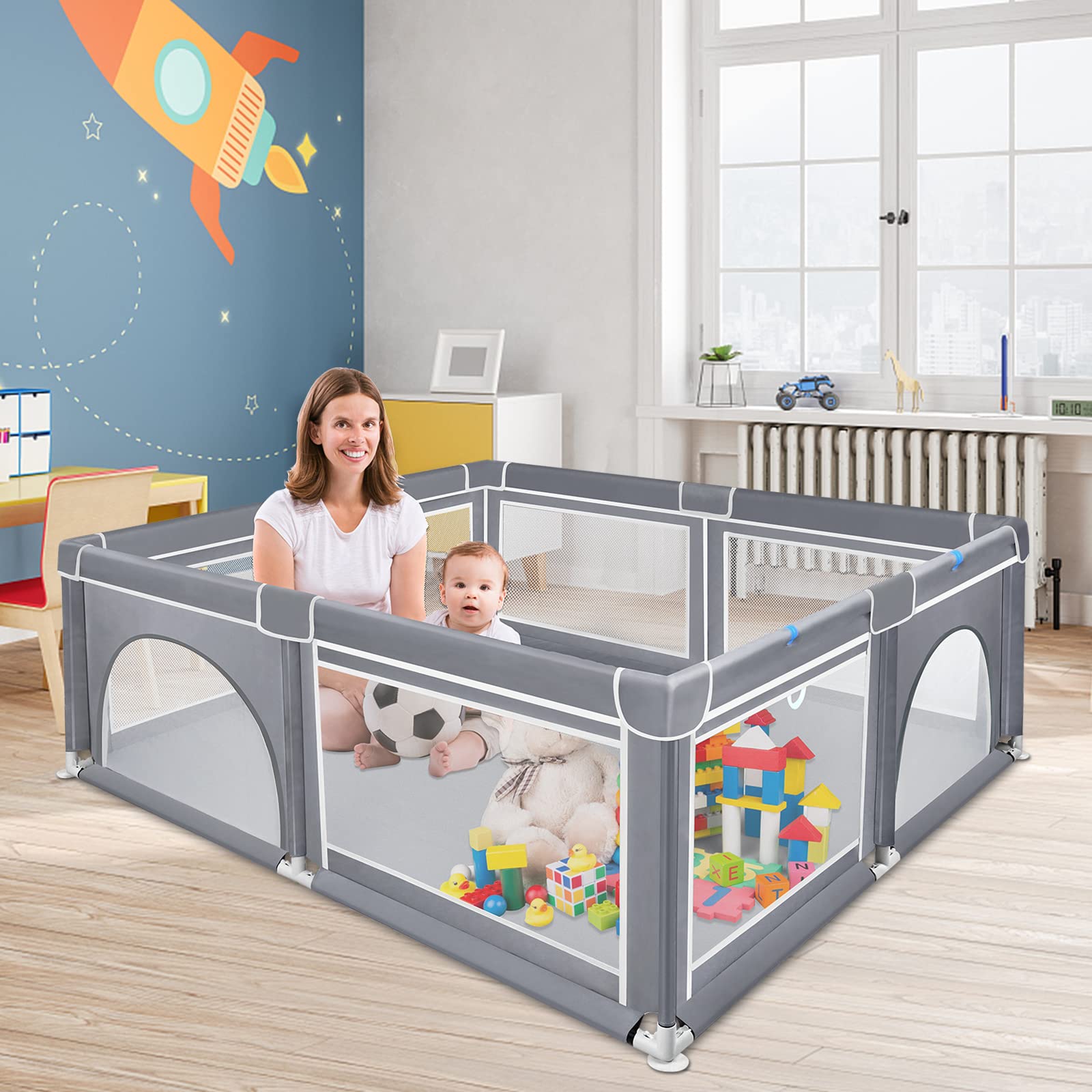 ACXIN Parque infantil de 150 x 180 x 68 cm con base antideslizante y red transpirable, rejilla de barrera estable, centro de actividades para niños, gris