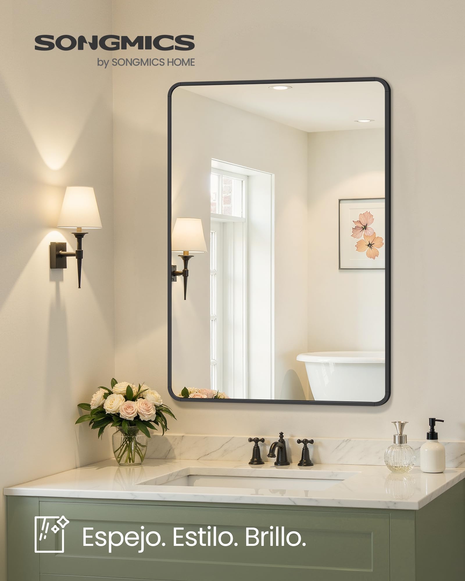SONGMICS Espejo de Baño, Espejo de Pared, Rectangular, Marco de Aluminio, 91 x 61 cm, Lámina de Seguridad, 2 Opciones de Montaje, para Salón, Dormitorio, Negro Tinta LWM010BD01