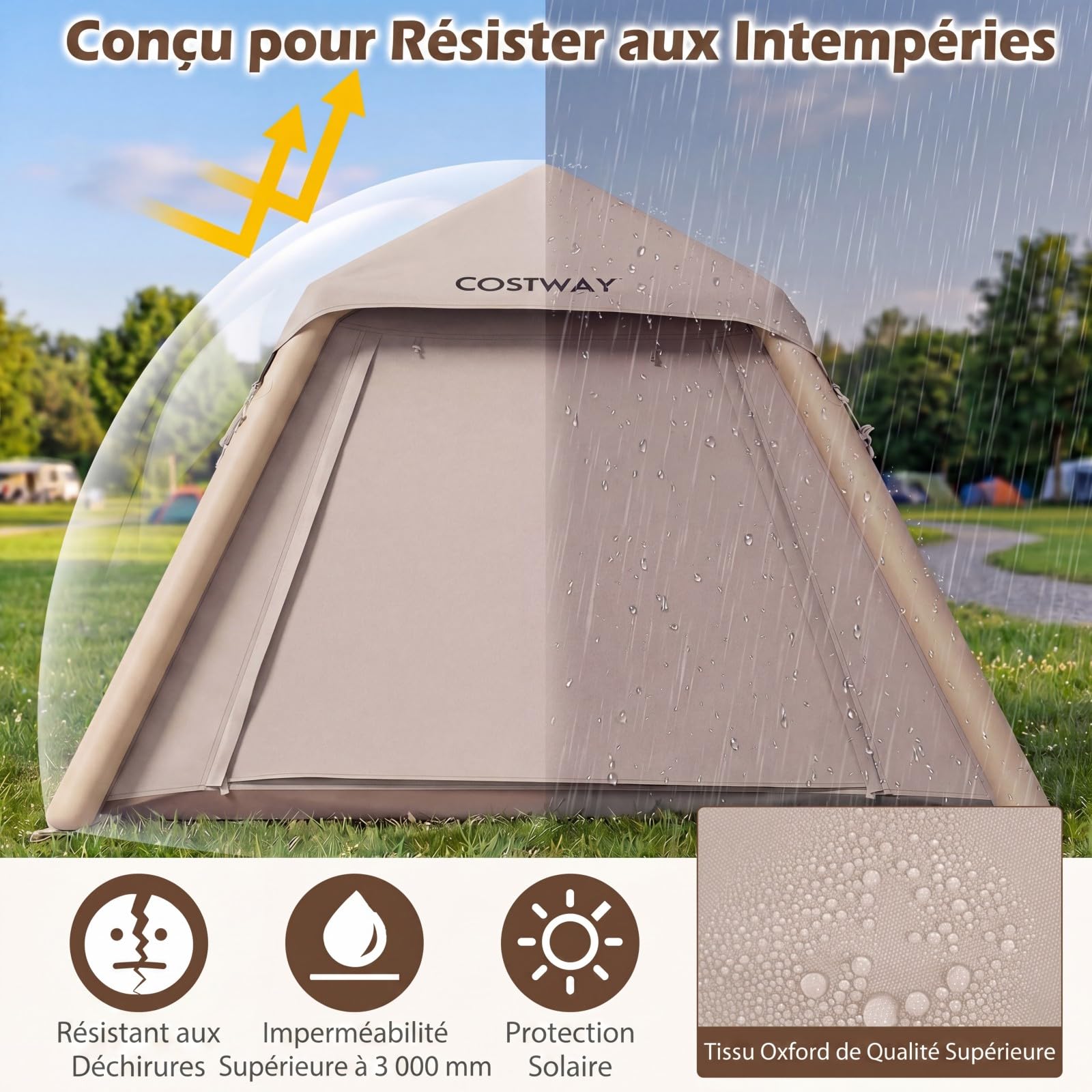 COSTWAY Tente de Camping Gonflable pour 2-4 Personnes, Grande Tente Portable avec Pompe Portes Fenêtres Filet Toit Amovible UPF50+ Étanche, Montage Rapide pour Camping Voyage Randonnée