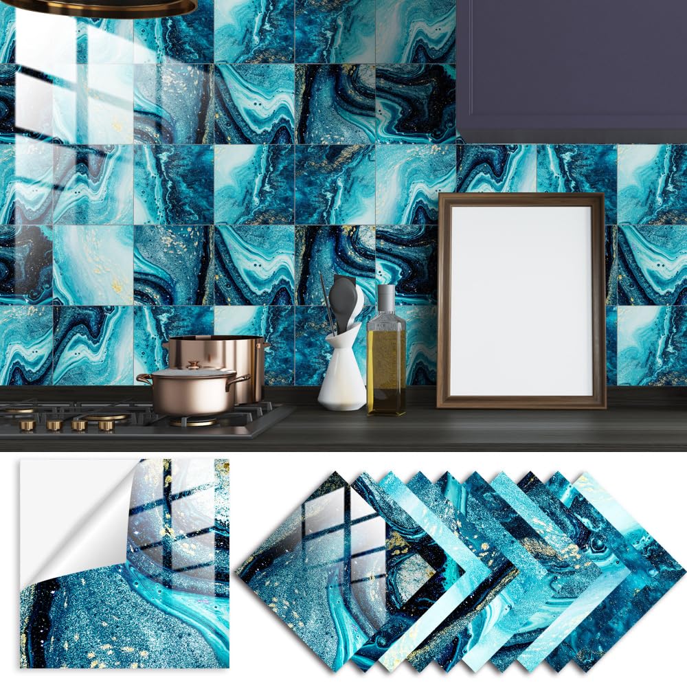 LMYSXAOZ 20 PCS Tile Stickers Stick on Tiles, Self Adhesive Wall Tiles for Kitchen Bathroom, Oil Proof Peel and DIY Floor Marble (20x20cm,Blue Marble)