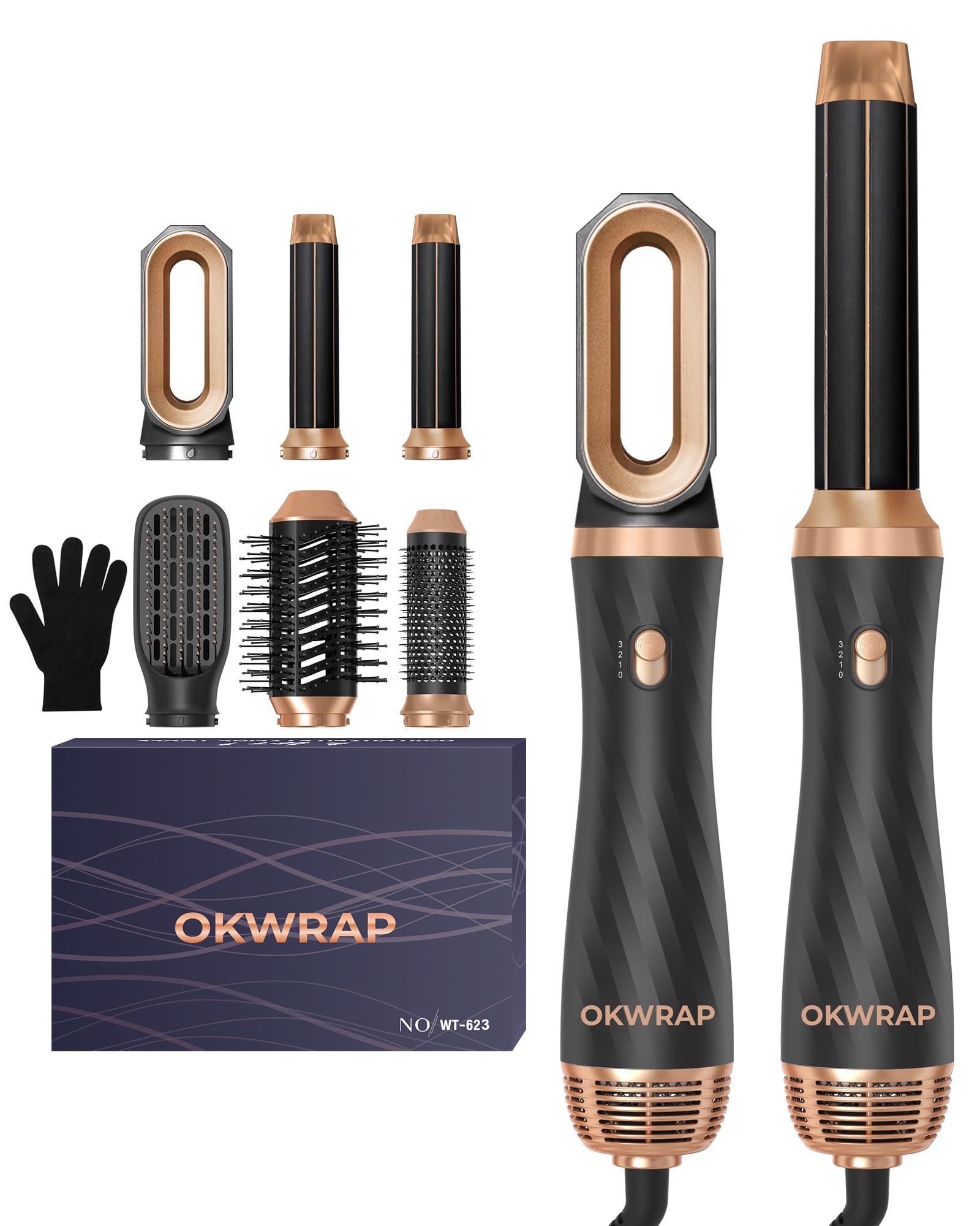Airbrush 6 en 1OKWRAP Air Styler 6 en 1 Sèche-Cheveux, Brosse Soufflante Hair Styler Avec 6 Accessoires, Seche Cheveux, Fer a Boucler, Brosse Soufflante, Pour Sécher, Lisser