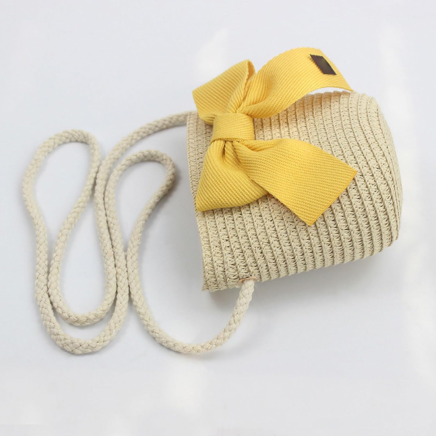 Straw Hat & Shoulder Bag Set for Kids Girl Wide Brims Sun Hat Breathable Straw Hat Outdoor Beach Headwear Bowknot Bag Beige