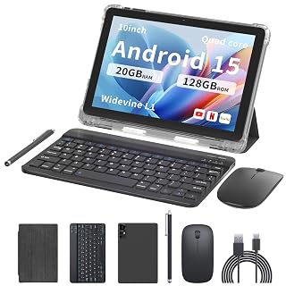 10 Inch Android 15 Tablet, 20GB RAM+128GB ROM(Support 2TB Expandable) Tablets, Octa-Core Processor 10.1”Tablets 1280x800 HD Display 5G WiFi 6 Widevine L1, 2 in 1 tablet with keyboard/Mouse/Stylus/Case - Amazon product rated Grade A