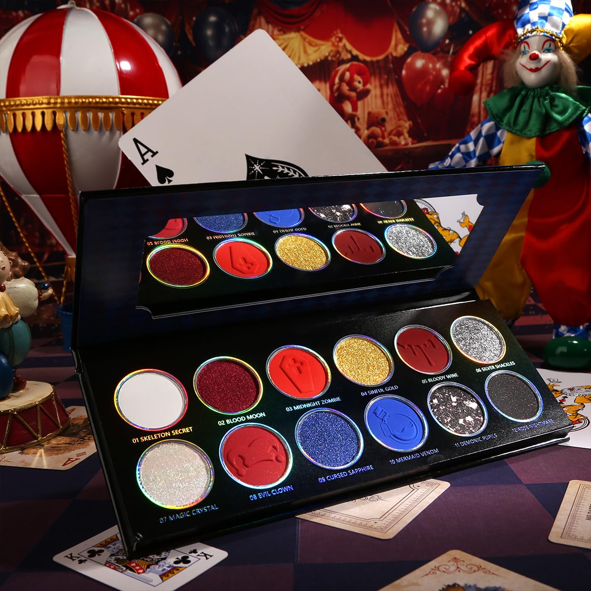 Paleta de sombras de ojos multicolor rojo y azul, sombra de ojos brillante plateada metálica de alto pigmento para maquillaje gótico, payaso/bromista ahumado, camaleón vegano de larga 9