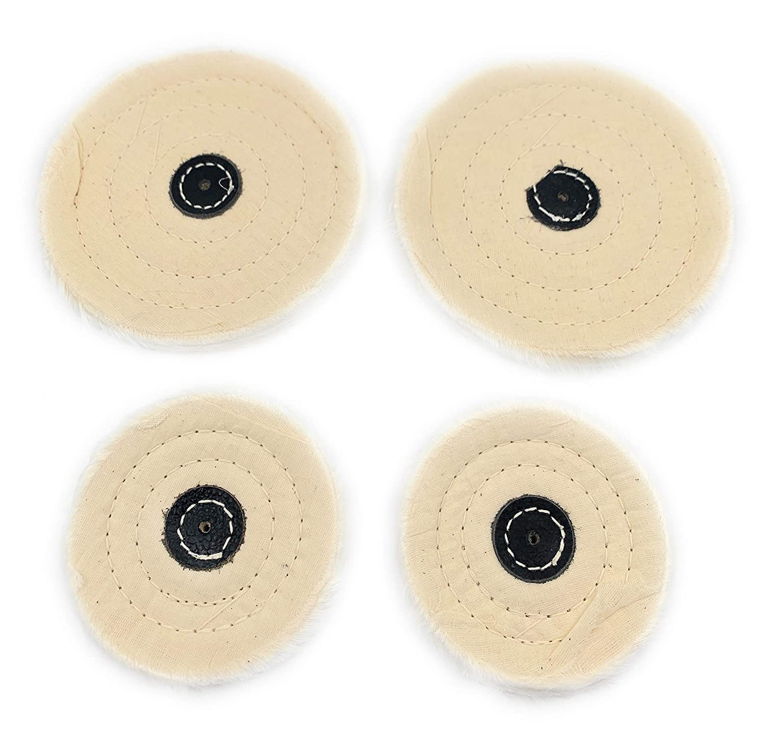 Polishing White Muslin Cloth Buff 4”x50 & 6"x50 Folds Stitched Buffing Wheel Leather Hub Kit of 4 to Polish & Buff Gold,Silver,Other Metals for Jewellery,Watchmaking,Hobby Craft for Bench Grinder