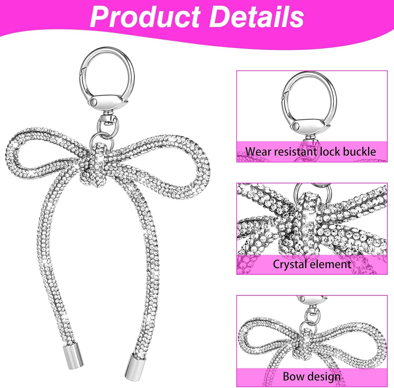 Silver Rhinestone Bow Keychain for Women – Elegant Bowknot Purse Charm, Y2K Bag Accessories, Cute Bow Key Ring for Handbags, Gifts - Image 3