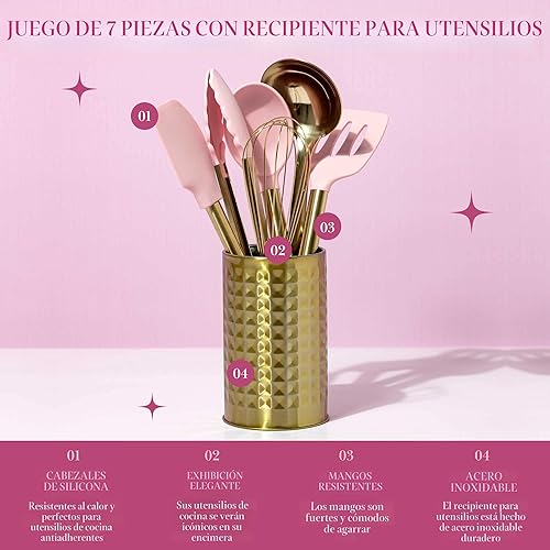 Miniatura 3 de Paris Hilton Juego de herramientas de cocina con recipiente para utensilios con utensilios de cocina de silicona, batidor y cucharón de acero
