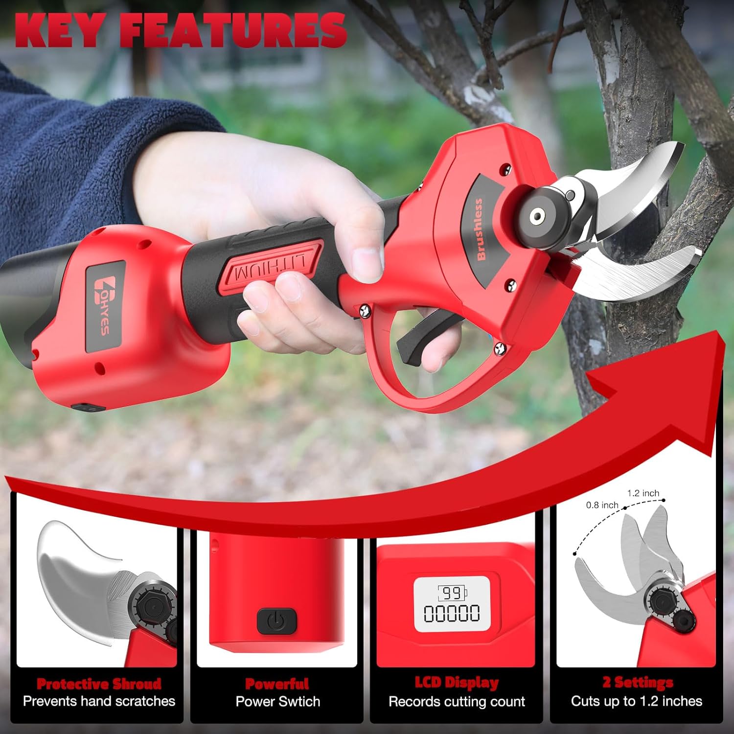 Pruning Shears Max 1.2IN Cutting Diameter Fit for Milwaukee 12V Battery Packs with LCD Display SK-7 Blade For Garden Tree Pruning(Battery not included)