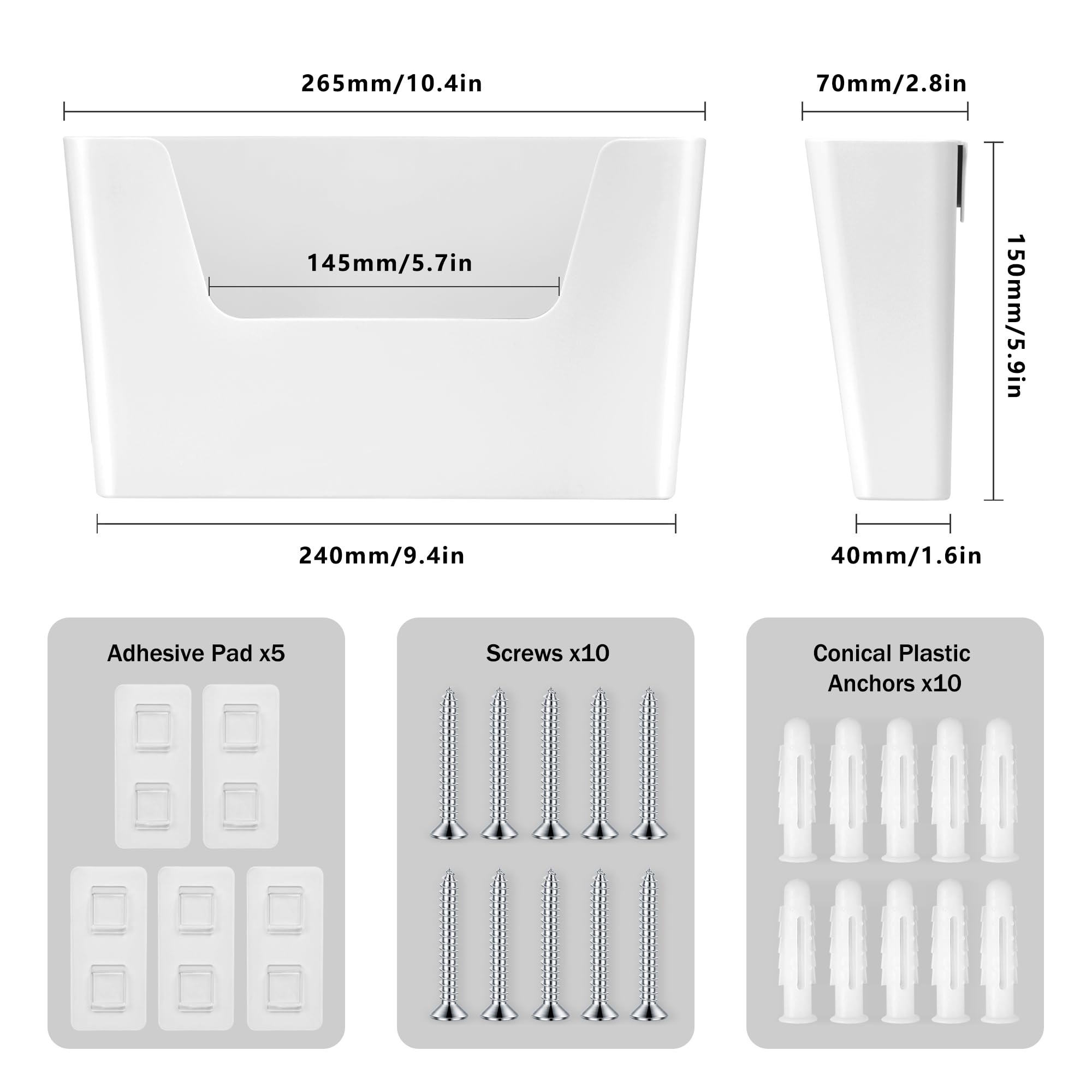 JOMOLA No Drilling File Holder 5 Pack Mail Organizer Wall Mount File Organizer Holder Office Wall Hanging Files Magazines Organizer Plastic Door Mount Wall Pocket with Adhesive Pad, White Color