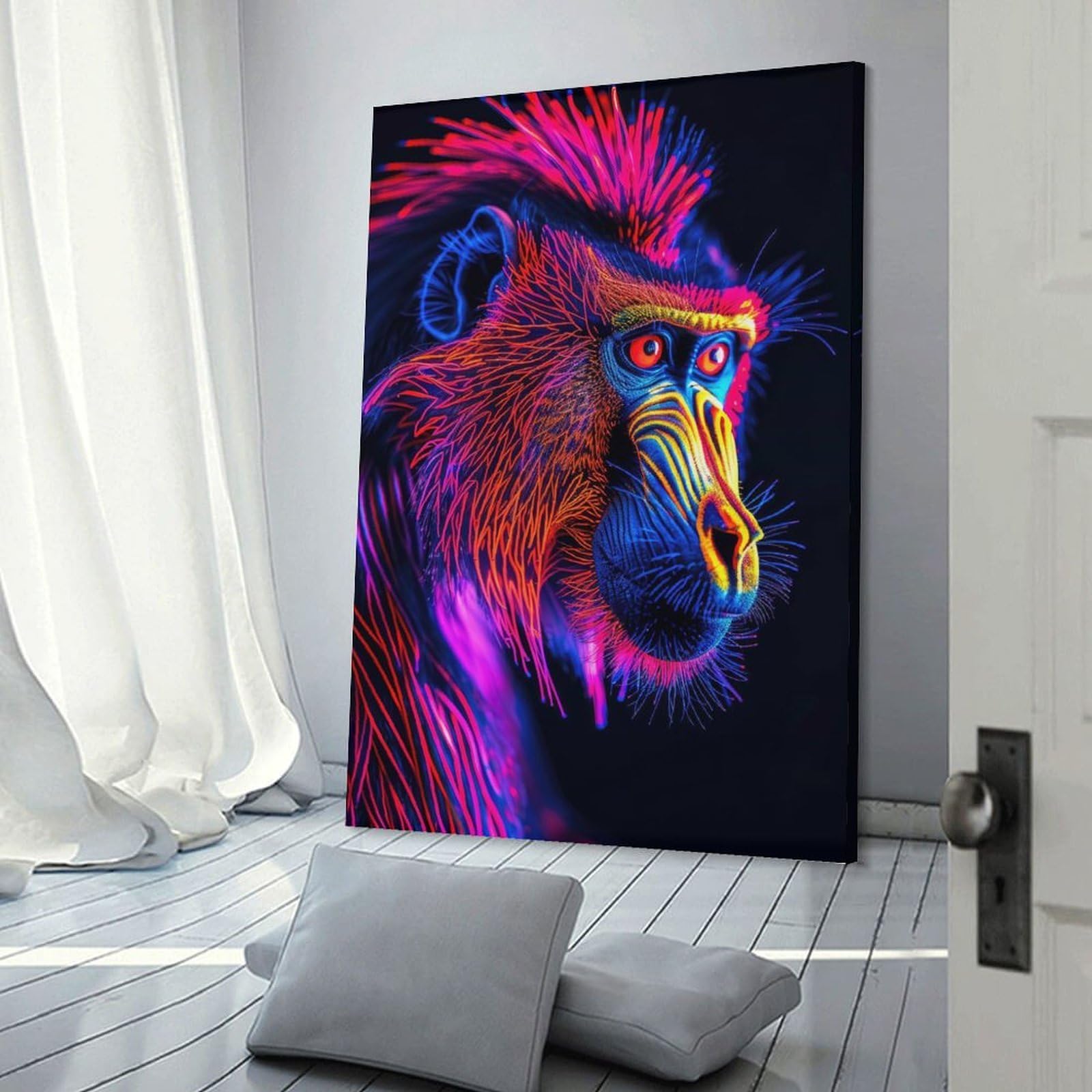 Junmoney Mandrill Portrait in Neon Canvas Art Print 24x36inch(60x90cm), for New Homes, Bedrooms Or Workspaces, Gift Idea for Housewarming And Birthdays