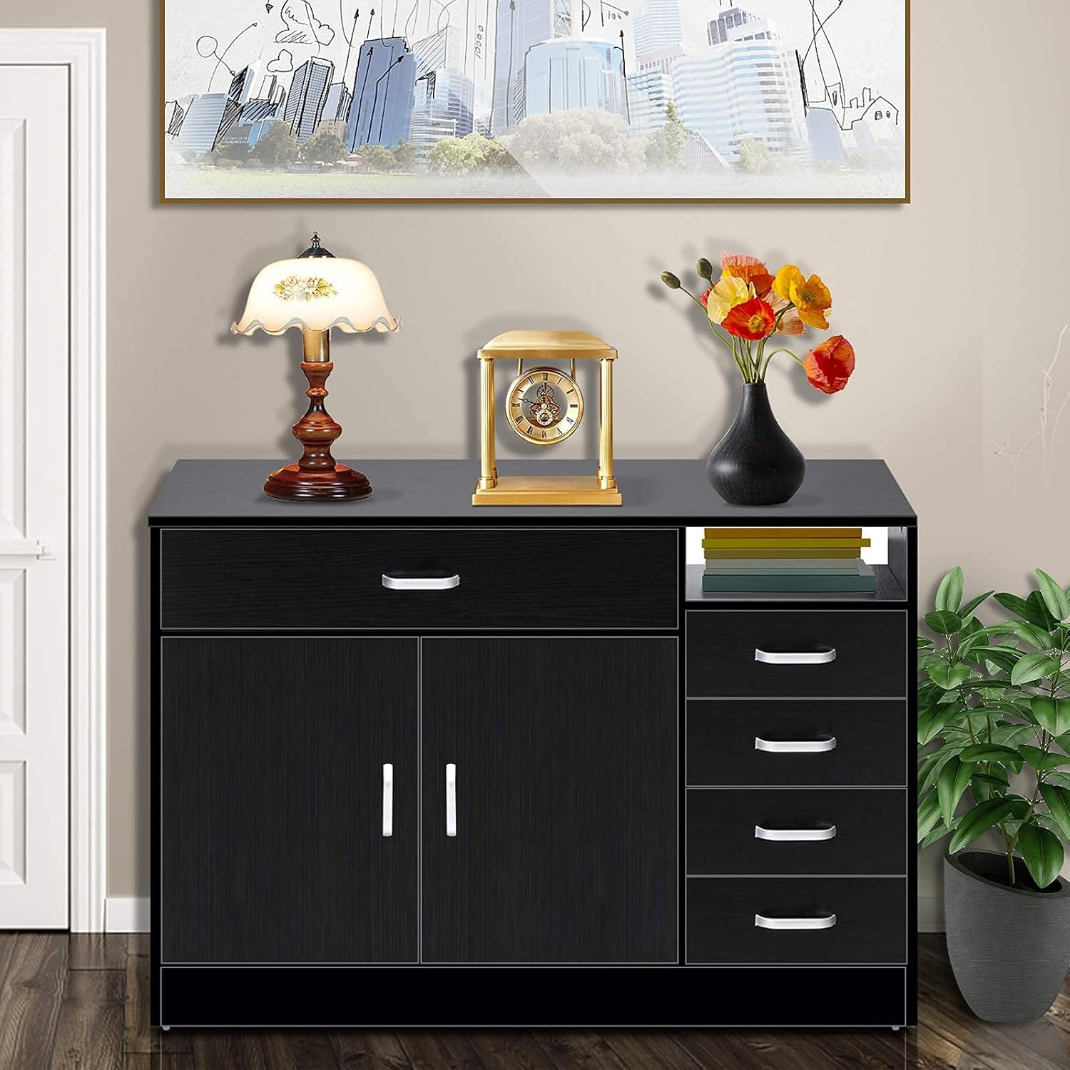 Binrrio Beauty Salon Storage Cabinet, Barbershop Salon Applications Holder with 5 Drawer, Double Doors, Rectangular Salon Spa Equipment for Barber Home (Black-Type4) : Beauty & Personal Care