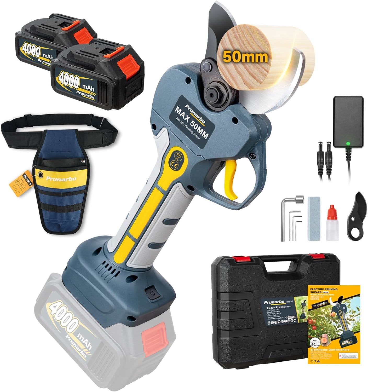 PR-E50 Cordless Electric Pruning Shears with Tool Pouch, 2.0" Cutting Diameter, 2x 21V 4000mAh Batteries, Battery Powered Tree Pruner with Brushless Motor for Efficient Branch Trimming