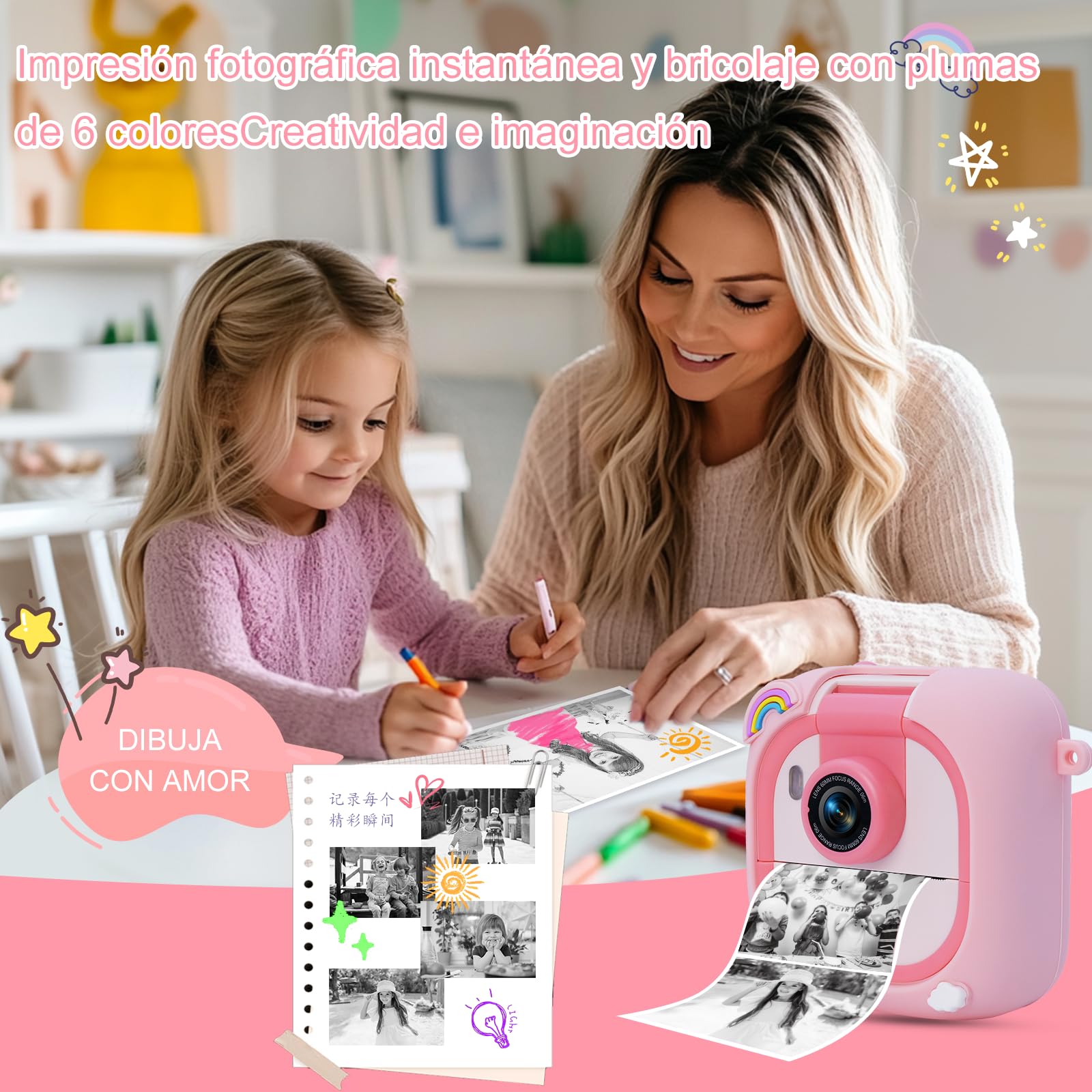 ARNSSIEN Camara Fotos Infantil Instantanea,2.4" Camara Fotos Infantil con 1080P & 180° Lente & 8 GB, Regalo Navidad/Cumpleaños para Niños & Niñas, M2