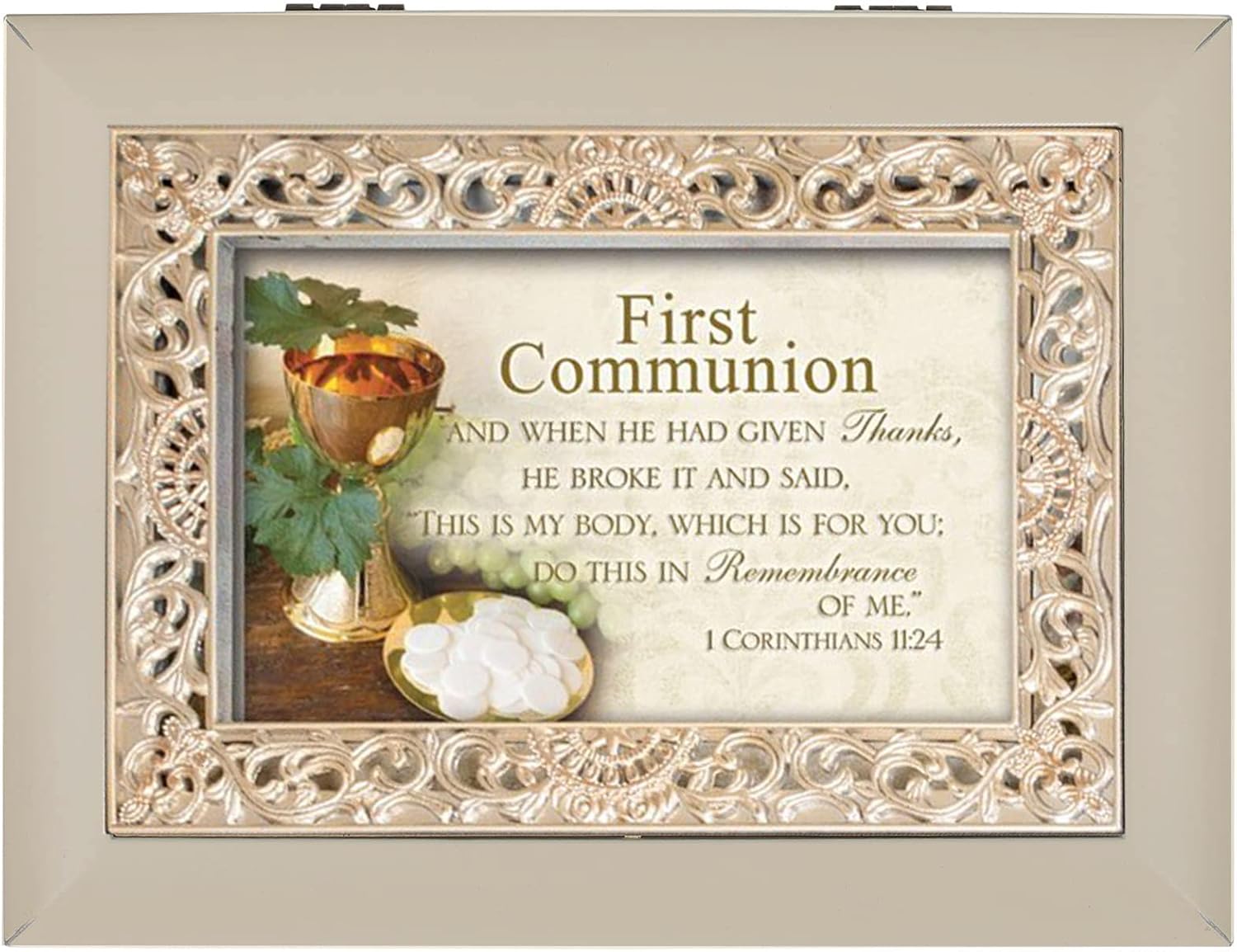 Cottage Garden First Communion Ornate Champagne Silver Jewelry Music Box Plays Amazing Grace