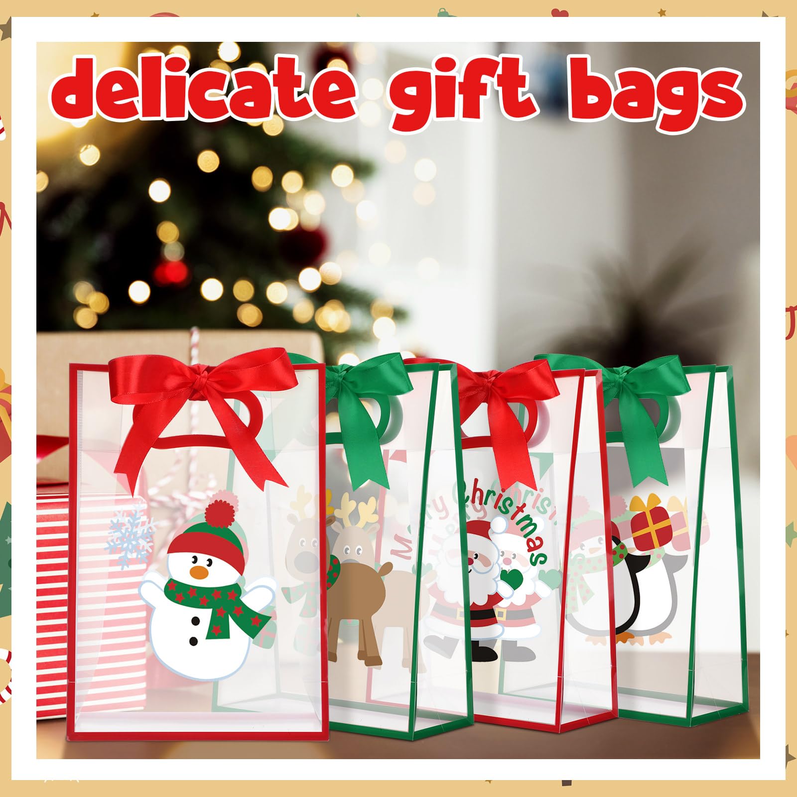 Gersoniel Lot de 24 sacs cadeaux de Noël transparents avec poignées, sacs à friandises de Noël en plastique avec nœud et rubans en PVC transparent, Père Noël, élan, bonhomme de neige pour anniversaire