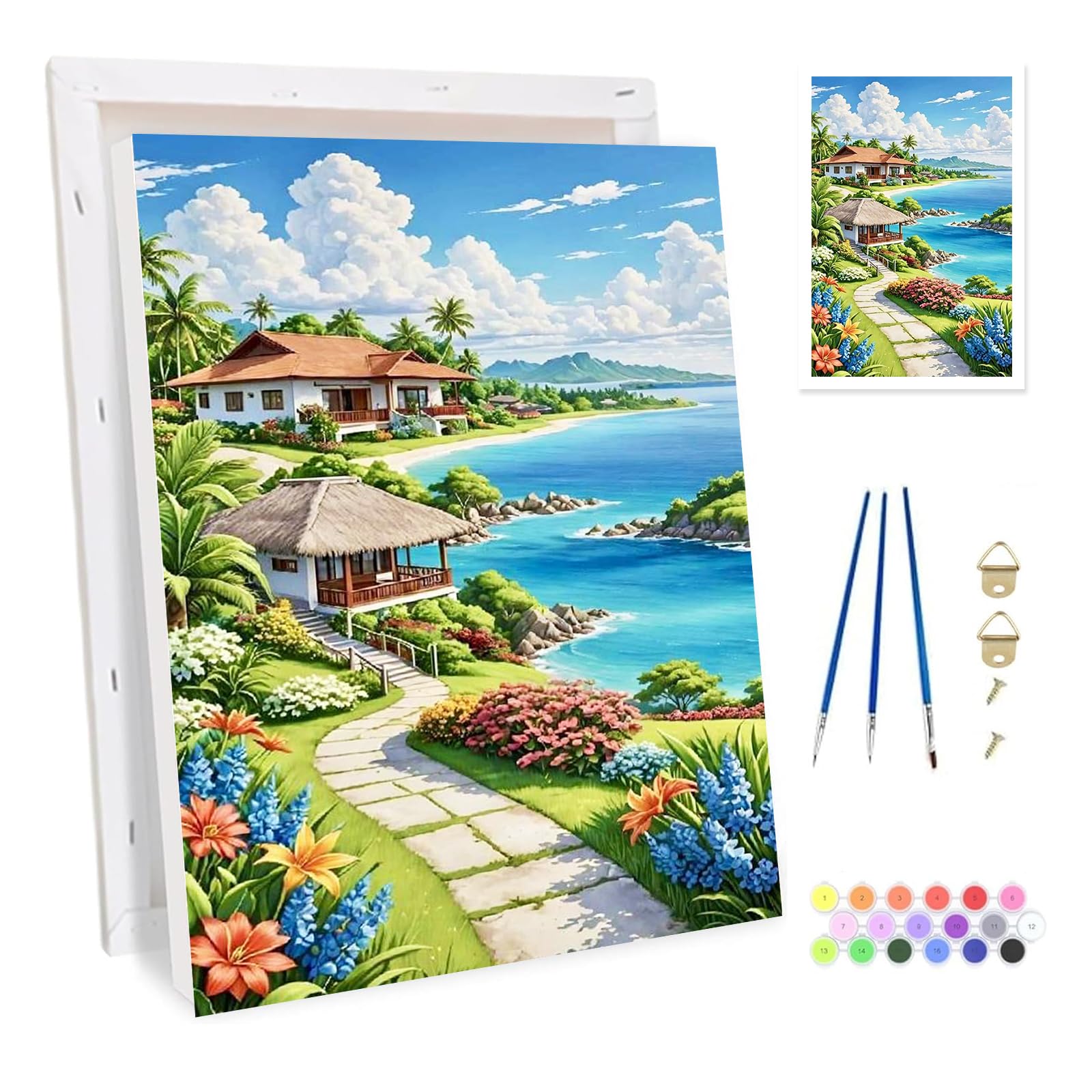 Bowetile Framed Village Paint by Numbers for Adults, Landscape Painting by Numbers Kit for Adults Beginners Canvas Kit, DIY Color Oil Painting Acrylic Paints for Home Wall Decor 20x30cm