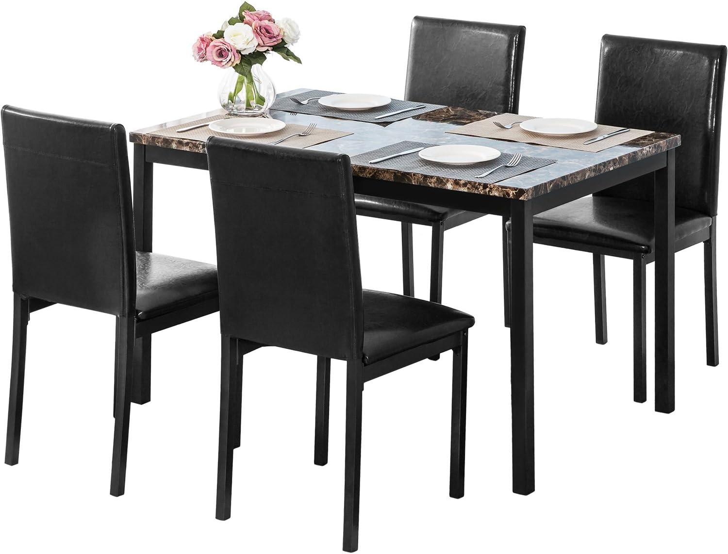 5-Piece Kitchen Marble Dining Table Sets for 4, Artificial Marble Breakfast Nook with 4 Leather Chairs in The Small Dining Room or Kitchen, Solid Metal Structure – Black
