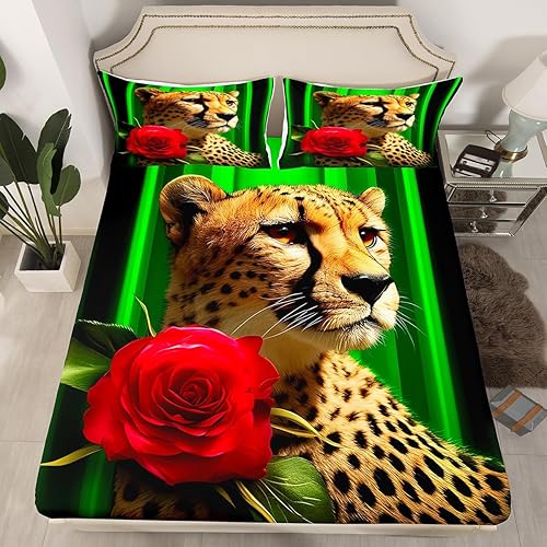 Sábanas de cama con diseño de rosas de guepardo, tamaño individual, estampado de leopardo, flores, juego de ropa de cama para niños, adolescentes,