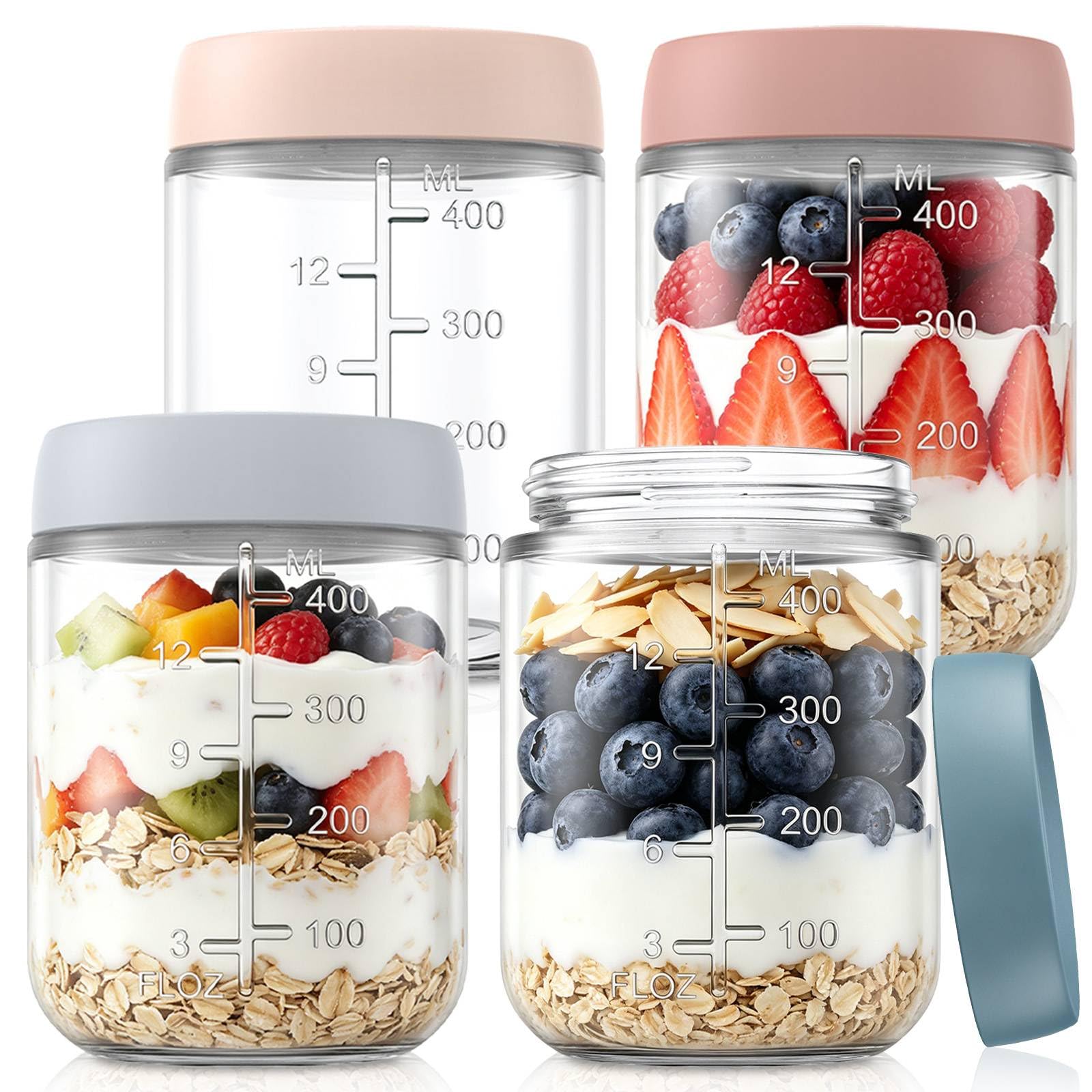 KEMORELA 4-Pack 16oz Overnight Oats Containers with Lids, Wide Mouth Glass Mason Jars with Airtight Lids, Reusable Glass Food Storage Containers for Yogurt, Chia Pudding, Salad, and Pickles