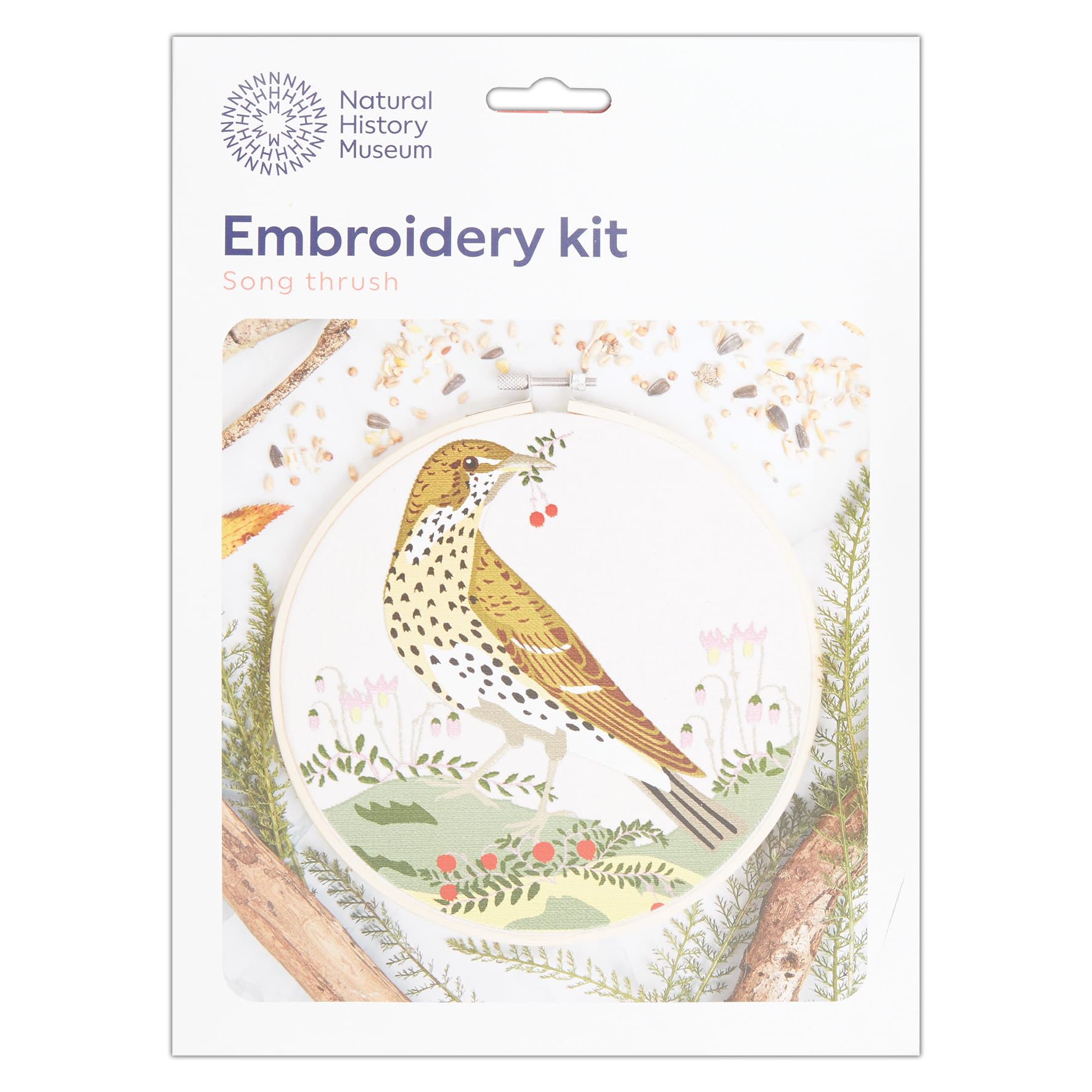 NHM Natural History Museum Embroidery Hoop Decoration Kit, Song Thrush Design, 8", Embroidery Kits for Adults & Cross Stitch Kits for Adults Beginners, Gift Idea, with Embroidery Pattern