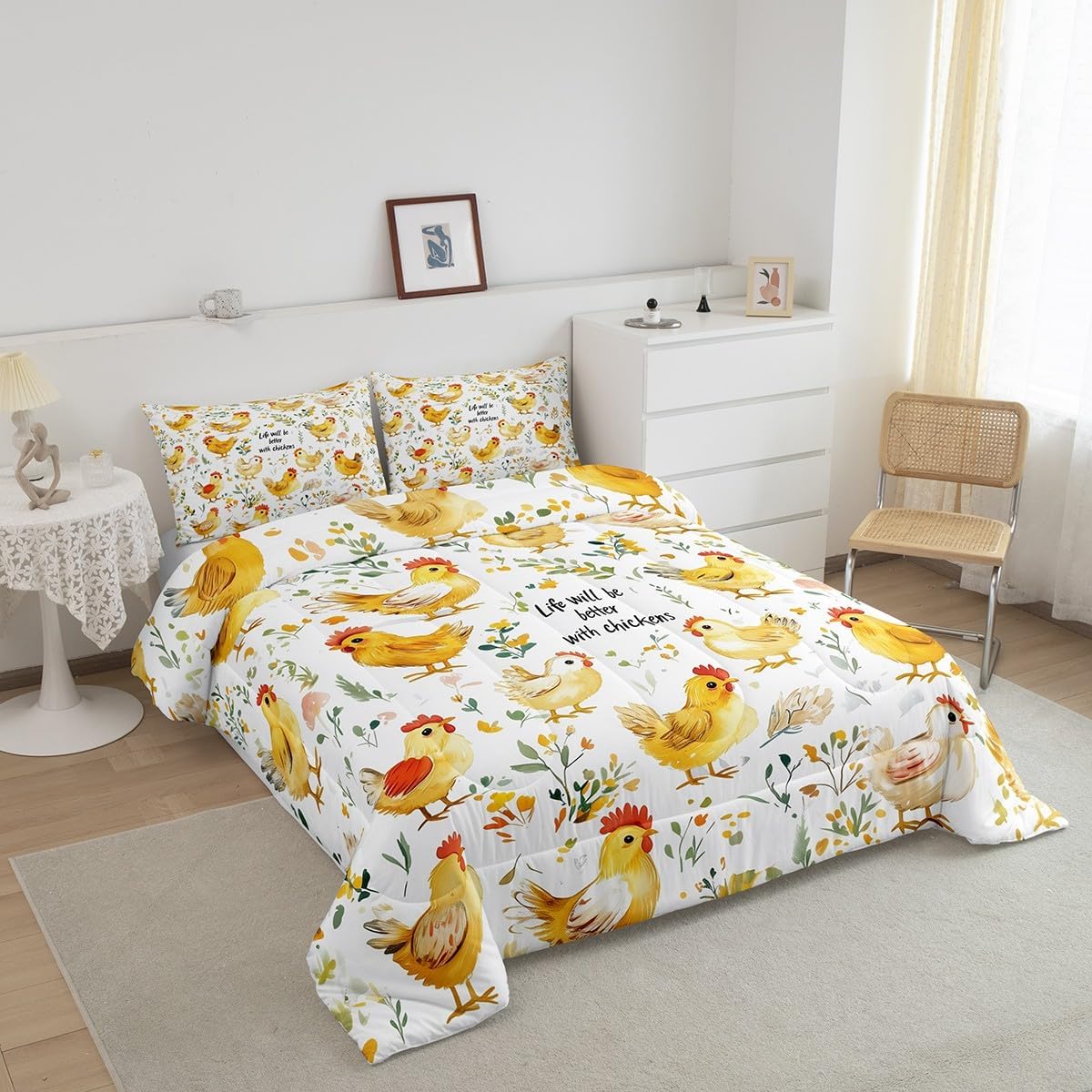 Feelyou Cute Chicken Comforter Set Queen Size Kids Farm Animal Bedding Set for Boys Girls Teens Farm Nursery Decor Comforter Rustic Farmhouse Duvet Set Funny Country Theme Quilt Set