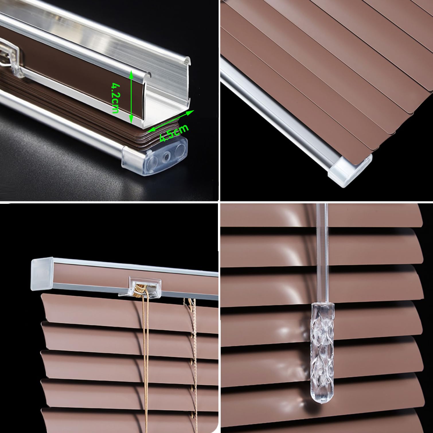 Brązowe aluminiowe żaluzje weneckie, 25 mm, metalowa listwa, prywatność, zaciemniająca, osłona okienna, wodoodporna kontrola światła, do domu, biura, rozmiar y (85 x 190 cm)