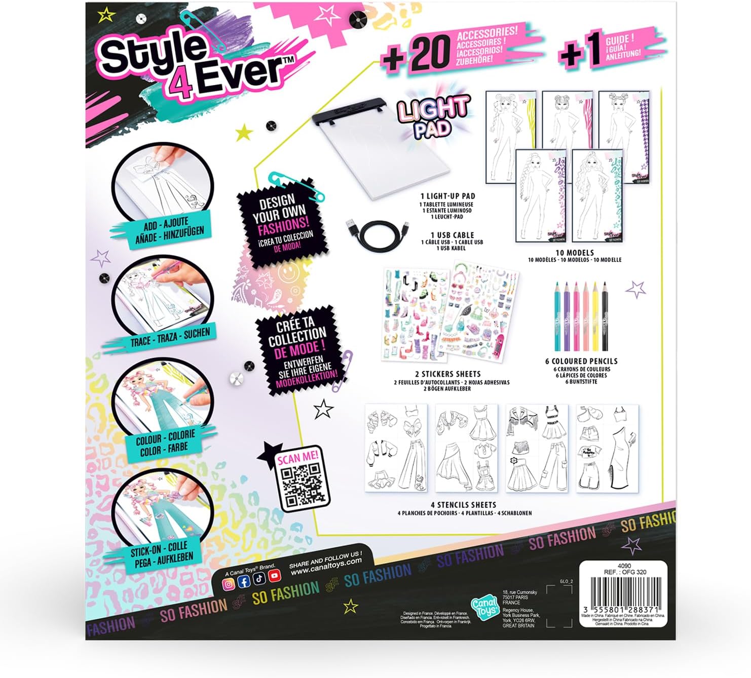 Canal Toys Light Board - Fashion with Full Creative Kit - LED Drawing Table with Pencils, Stencils and Stickers, Clothing Set with Accessories for Kids