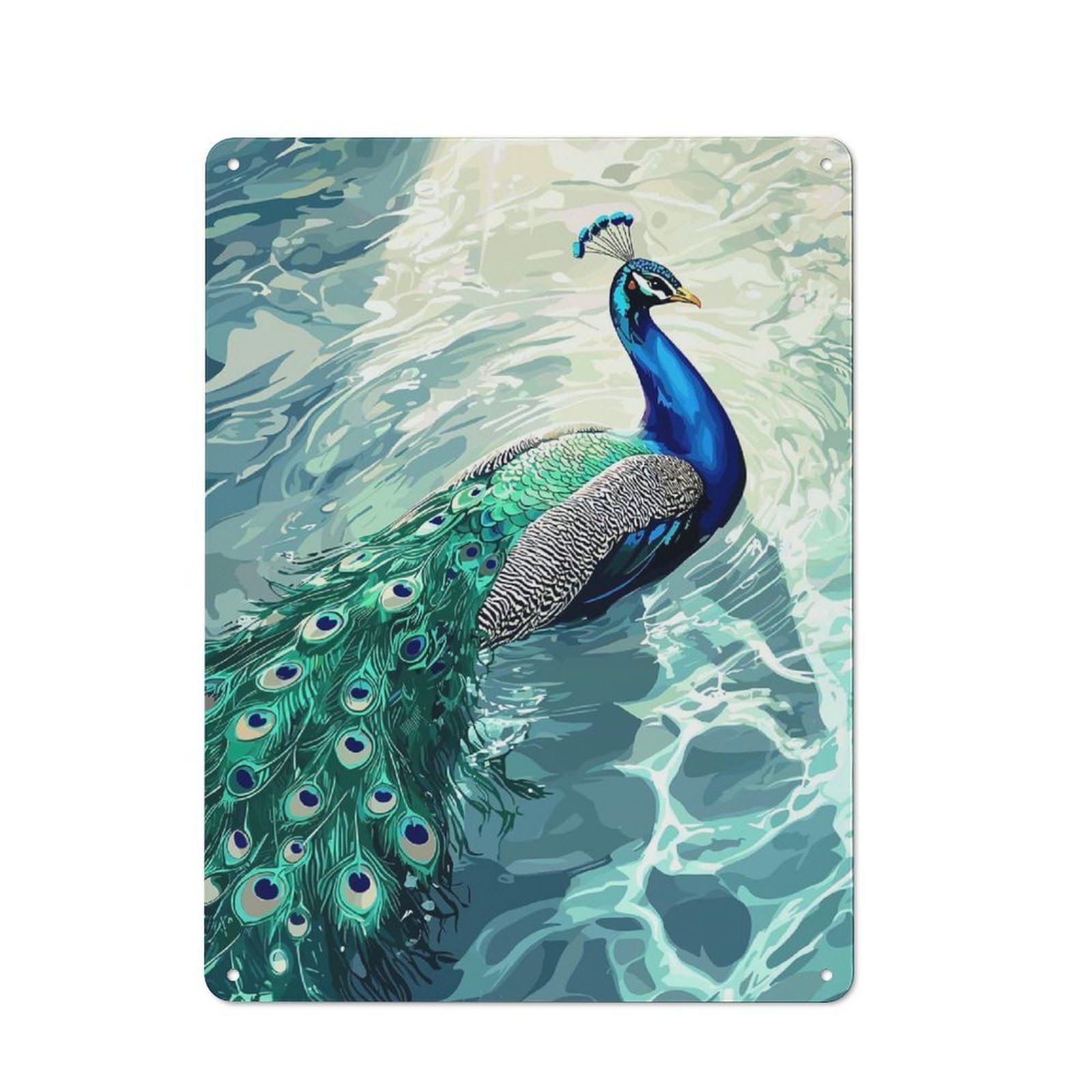 Junmoney Style-3 Metal Wall Plaque With Peacock In Water Digital Art Design 40X30cm, Simple Retro Studio Wall Plaque For Hobby Room, Office, Lounge Or Living Room