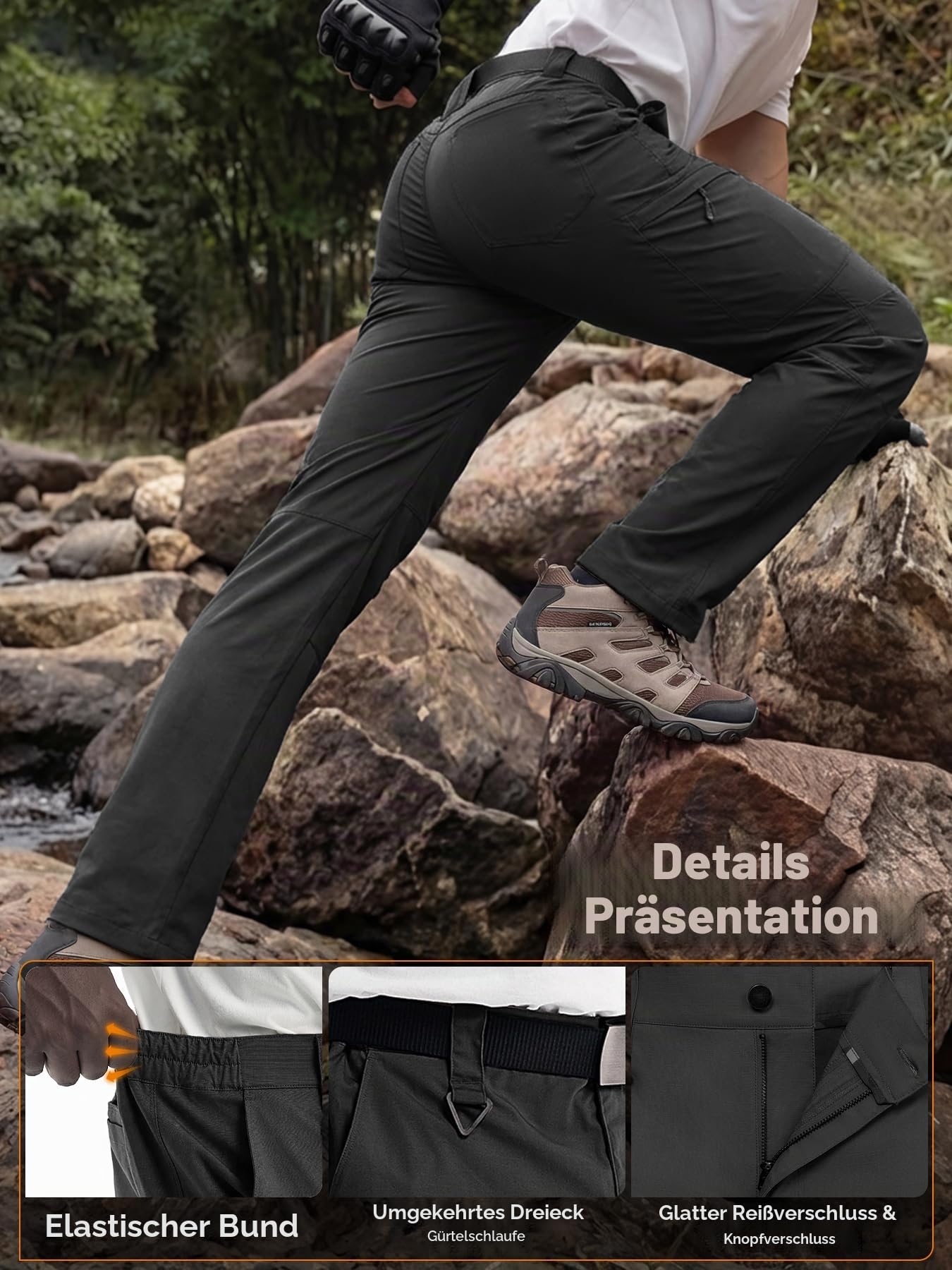 Cargohose Herren Wasserabweisend Leichte Outdoor Wanderhose Arbeitshosen Männer Stretch mit Multi Taschen