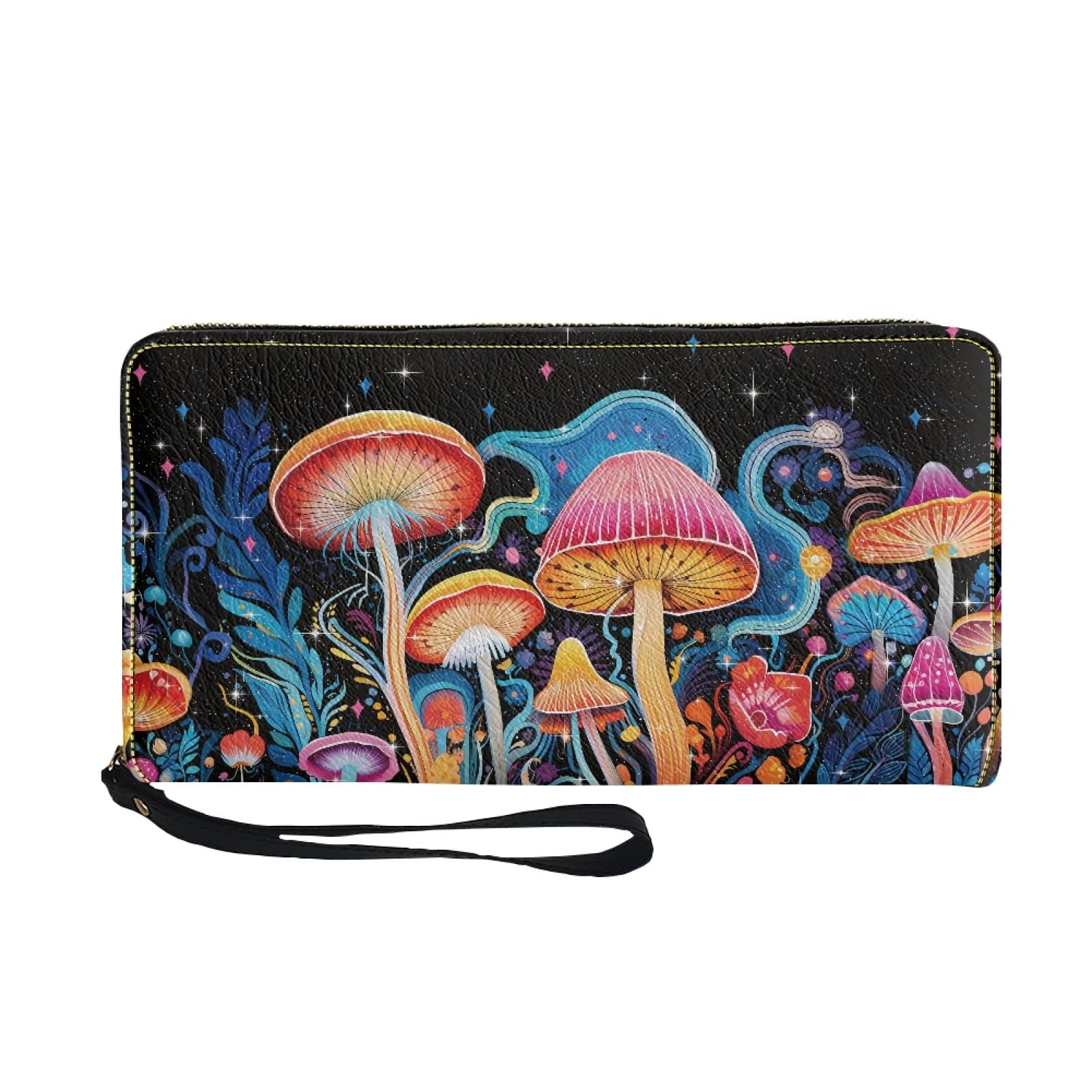 TOADDMOSHippie Mushroom Floral Print Wallets for Women,PU Leather Zipper Ladies Purse Large Capacity Long Clutch Bag with Wristlet