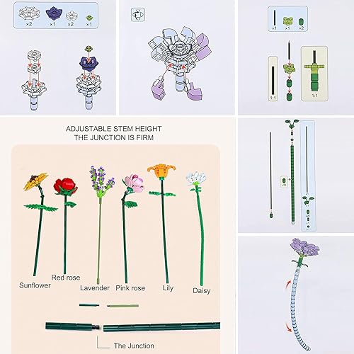 Miniatura 8 de Kit de construcción de mini ramo de flores, flores artificiales para niños y adultos, regalos para el día de San Valentín, día de la madre, rosa