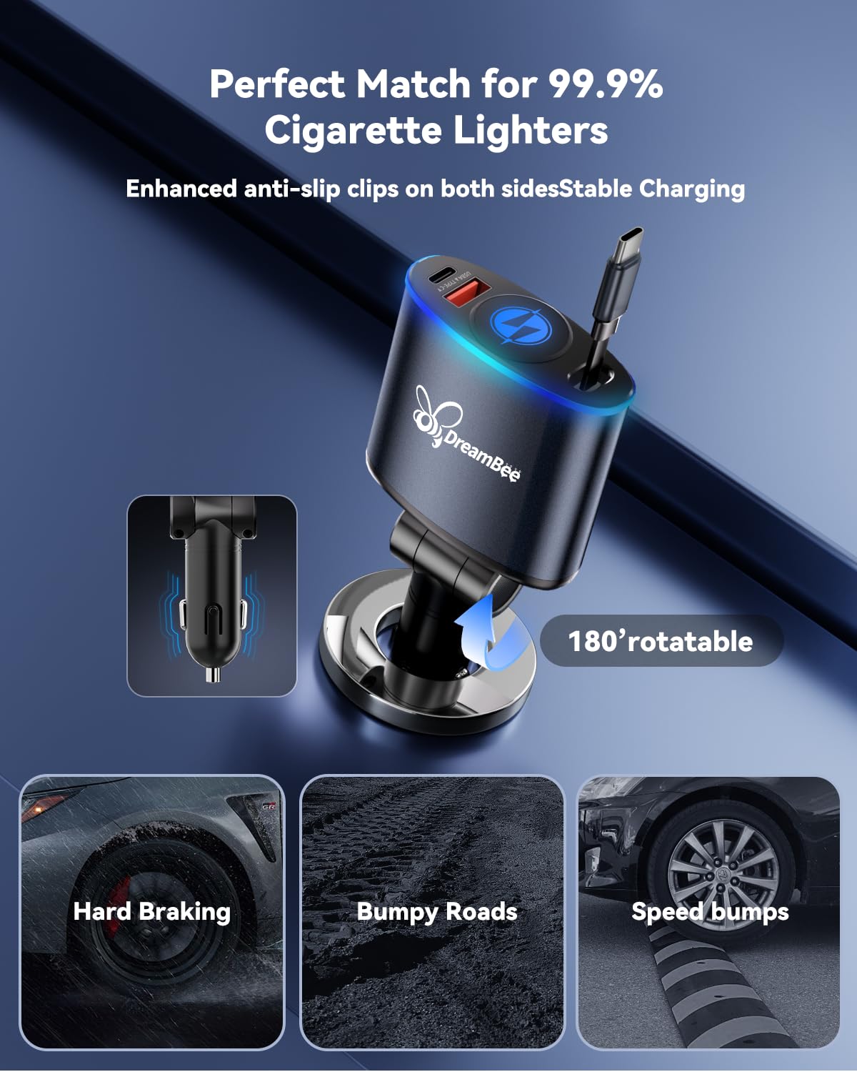 Caricabatteria da auto retrattile da 162 W 3 in 1, ricarica super veloce, cavo retrattile (35,6 pollici) e 2 porte USB per iPhone 16/15/14/13/12 Pro Max XR/iPad/Samsung