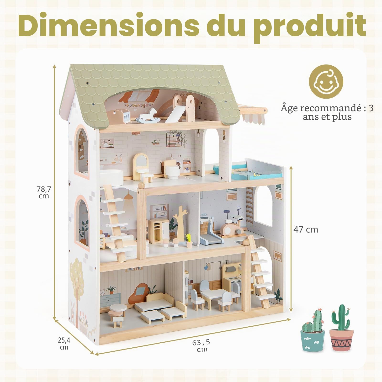 FANTASK Maison de poupée en Bois avec 33 Meubles, Balcon et Piscine, Villa de rêve, Maison de poupée pour Enfants, Cadeau de Jouet pour Filles et garçons à partir de 2 Ans