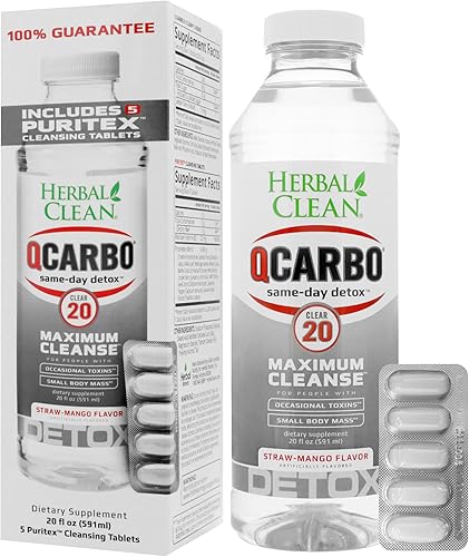 Herbal Clean QCarbo - 20 bebidas desintoxicantes prémium para el mismo día, sabor fresa y mango, 20 onzas líquidas, y tabletas, 5 unidades