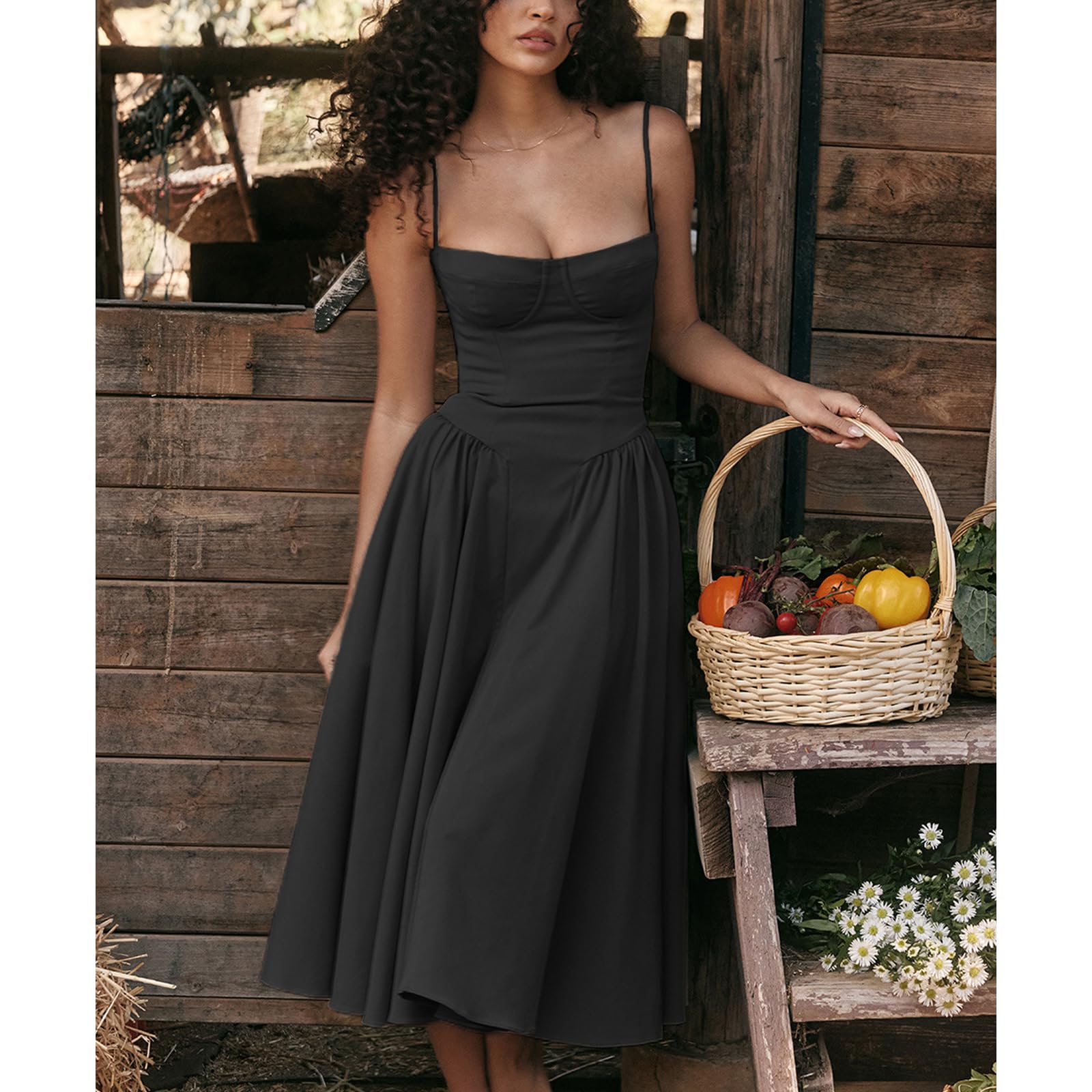 Vestito Donna Elegante Cerimonia Sexy Spaghetti Senza Maniche Scollo Quadrato Abito Estivo Lungo Abiti con Tasche Vita Alta Linea A Swing Midi Vestito da Mare Bohemian Vacanze per Il Tempo Libero