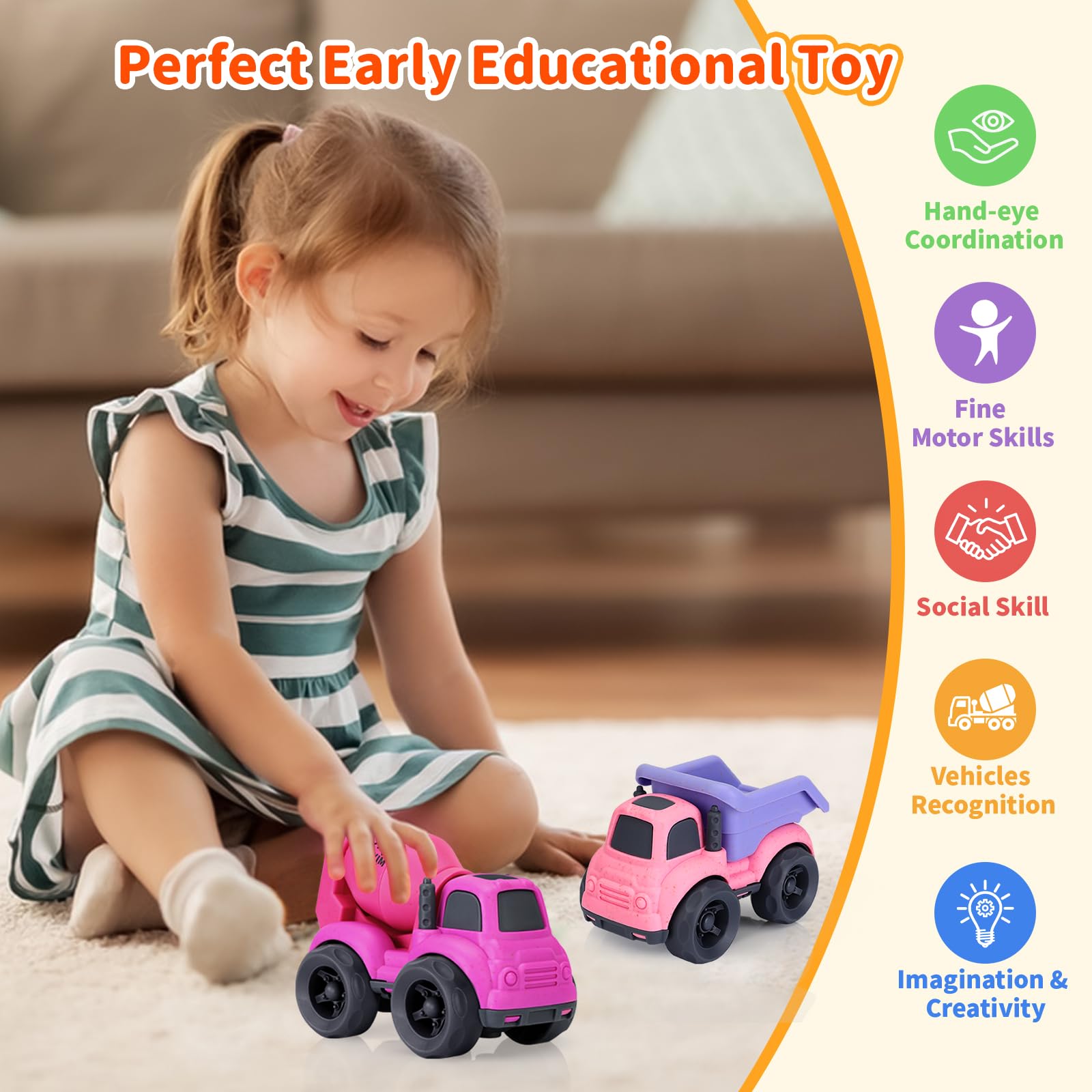 Juguetes para niñas de 1 año, camión volquete y cemento mezclador, sin BPA, sin ftalatos, PVC, juguetes al aire libre para niños pequeños de 1 a 3 años, autos de juguete ideales para niñas de 1, 2, 3, 2